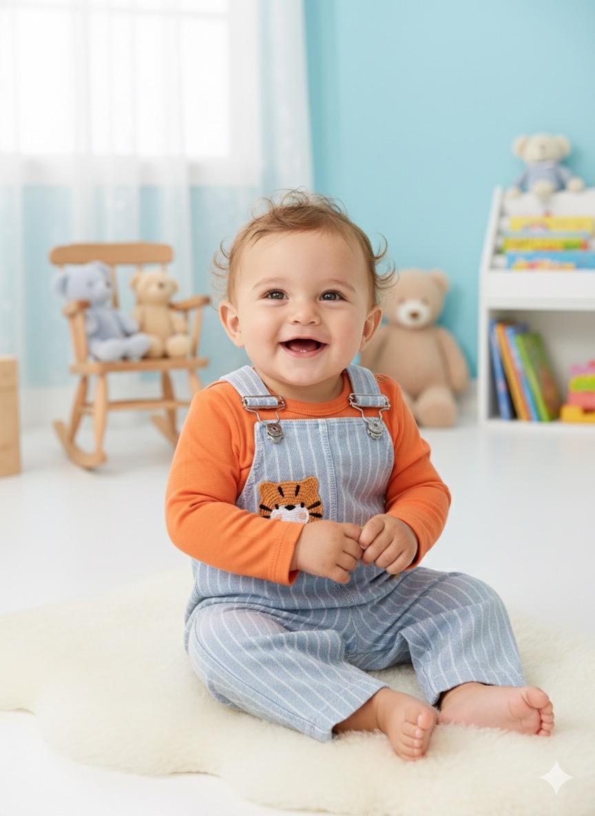 Dikey çizgili sevimli hayvan nakışlı mevsimlik 2li salopet set