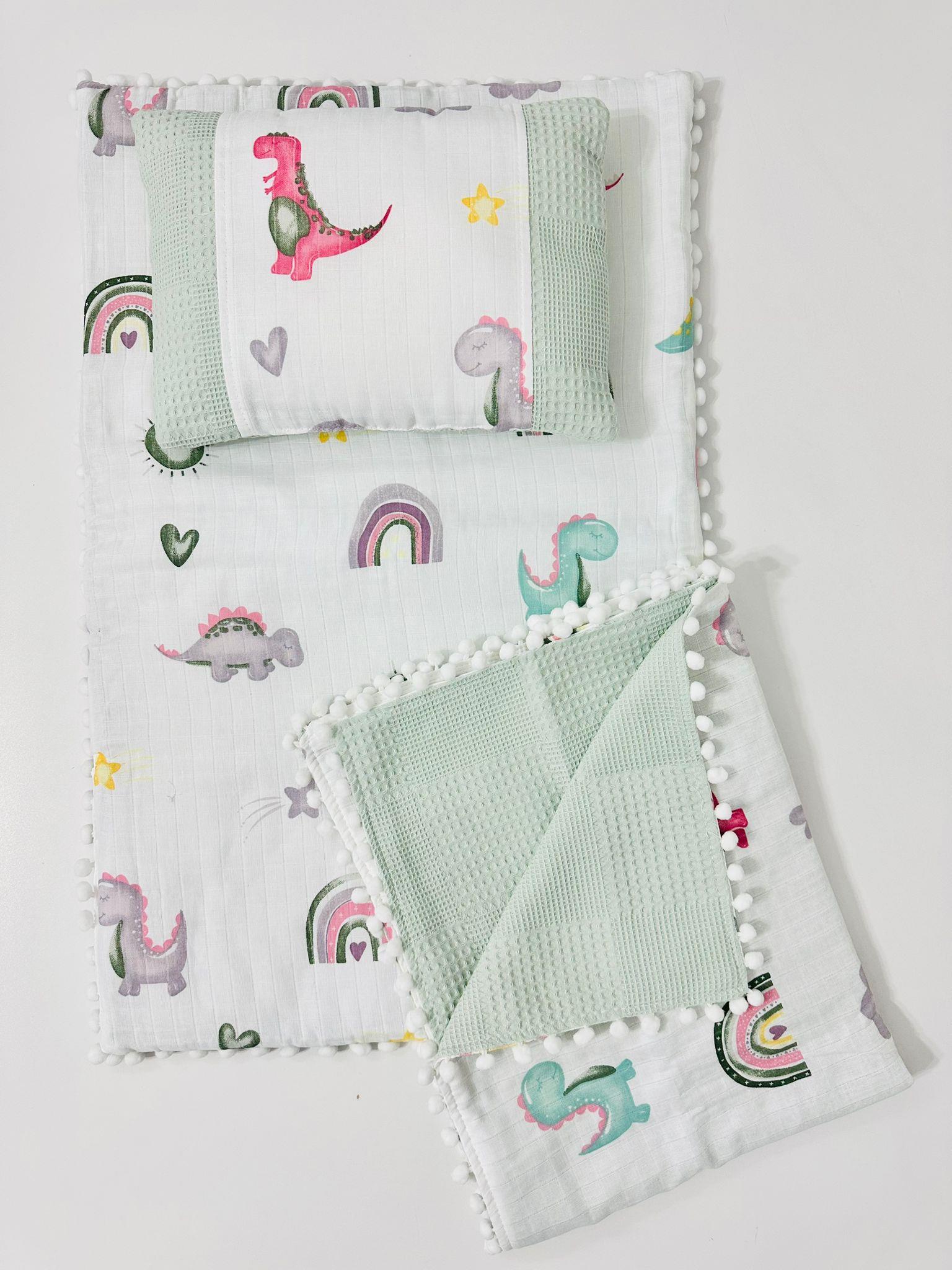 Dino 90*100 Çift Katlı Pikeli Müslin Battaniye Yastık ve Alt Açma 3 lü set - Yeşil 