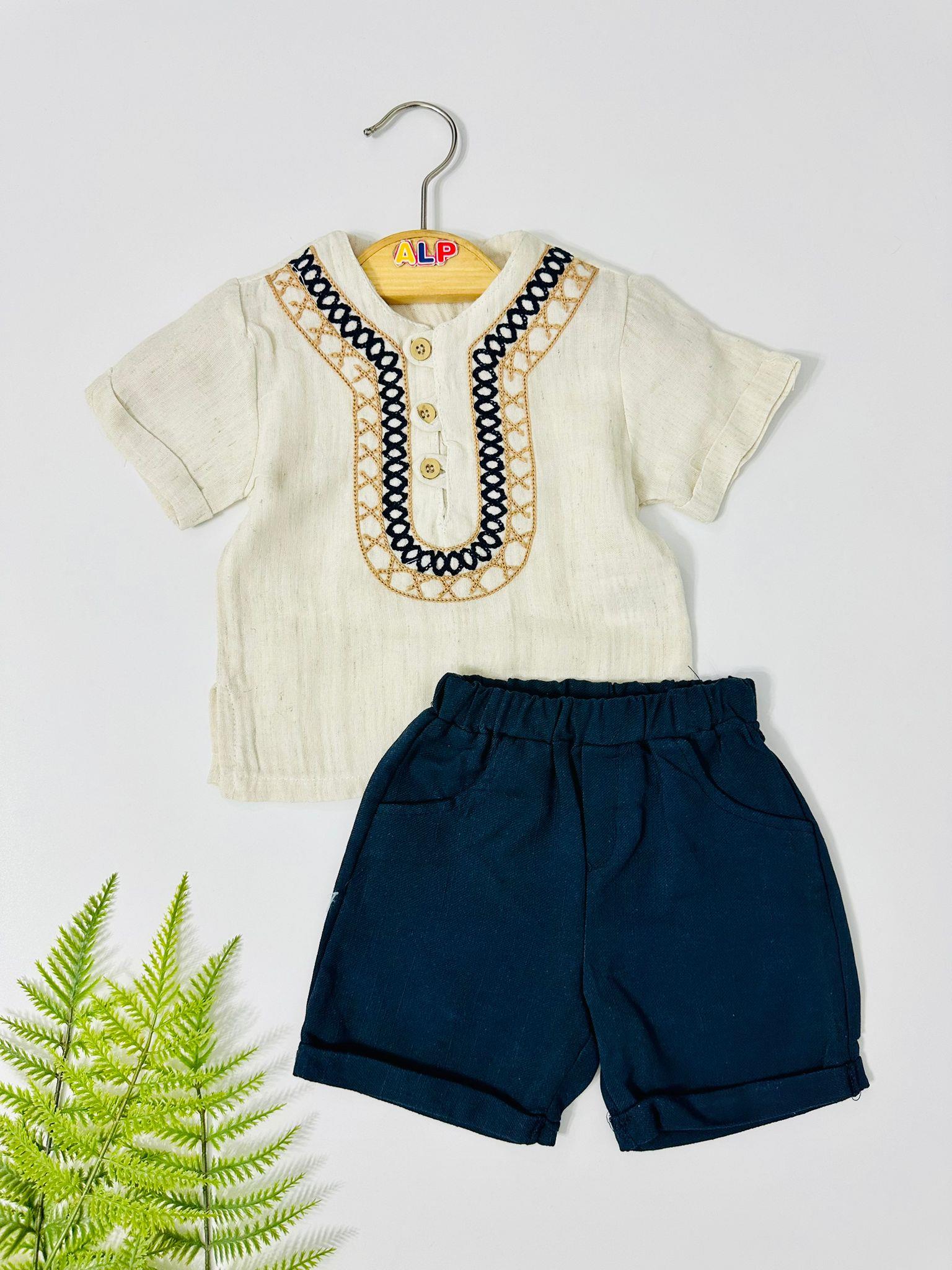 Etnik Desenli Önden Ahşap Düğme Şile Bezi Takım - Kahverengi