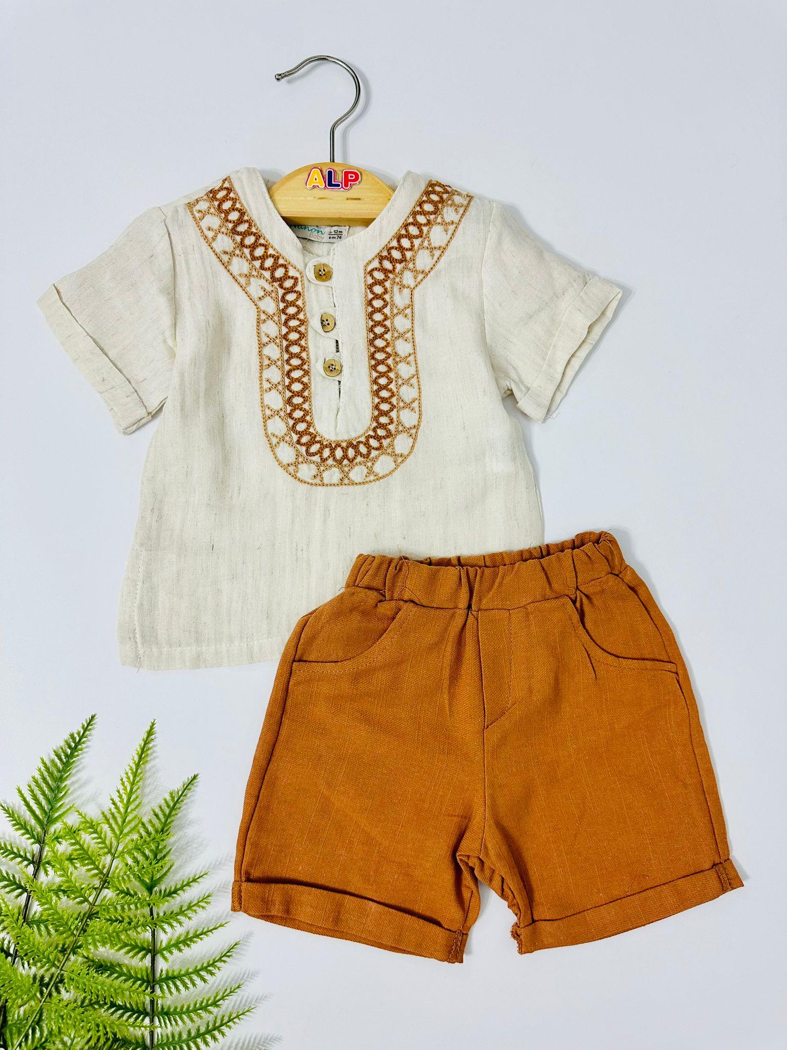 Etnik Desenli Önden Ahşap Düğme Şile Bezi Takım - Açıkkahverengi