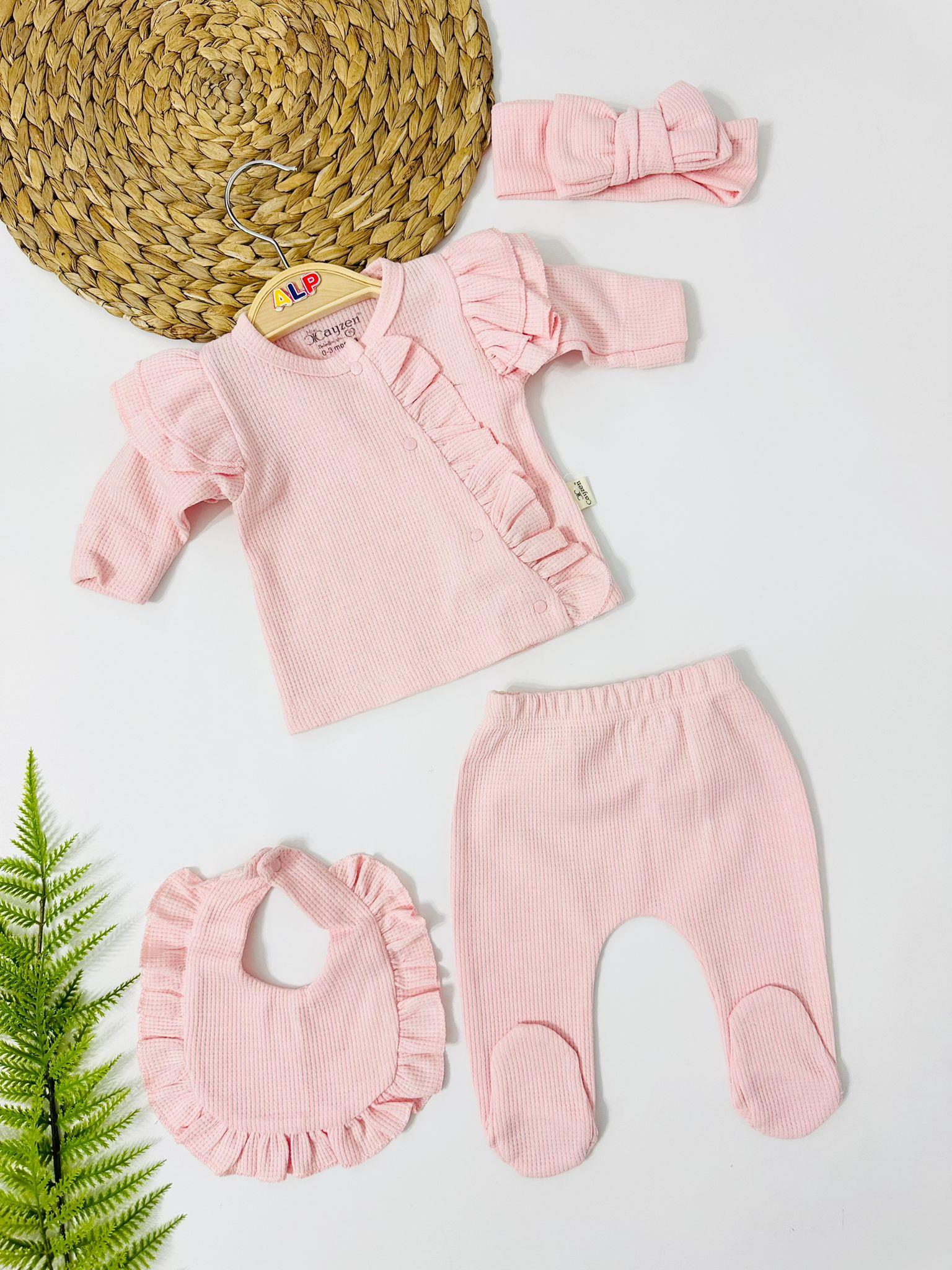 Fiona Kendinden Eldivenli Waffle Kumaş 4lü Set - Pembe