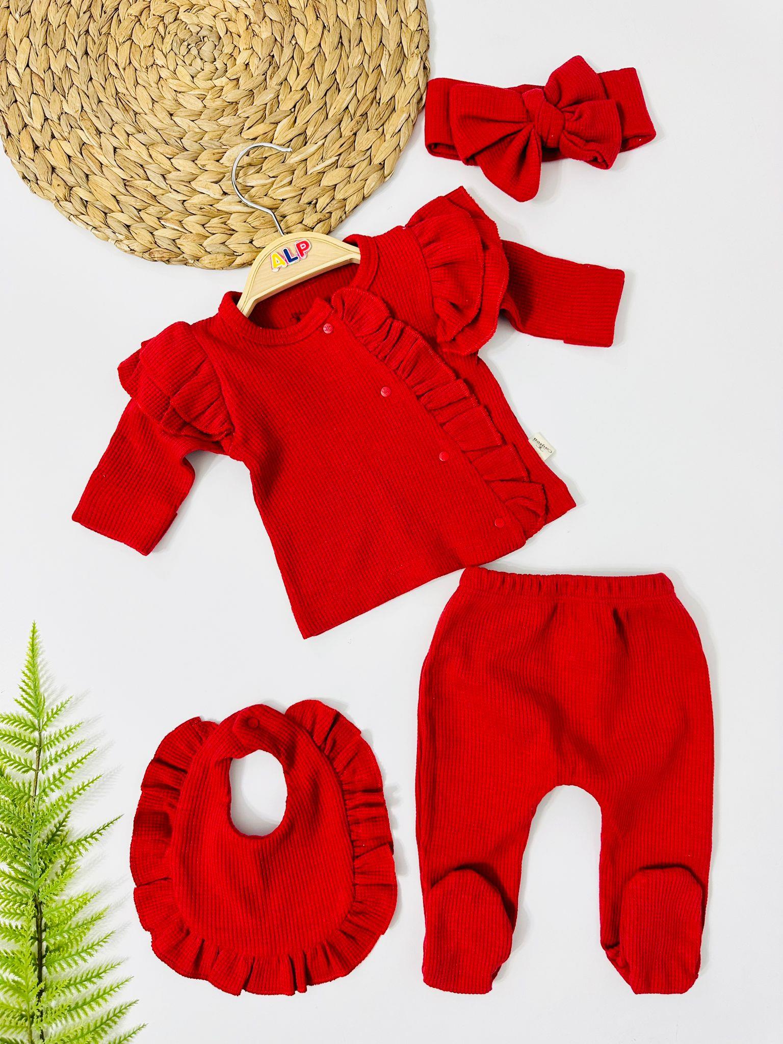 Fiona Kendinden Eldivenli Waffle Kumaş 4lü Set - Kırmızı