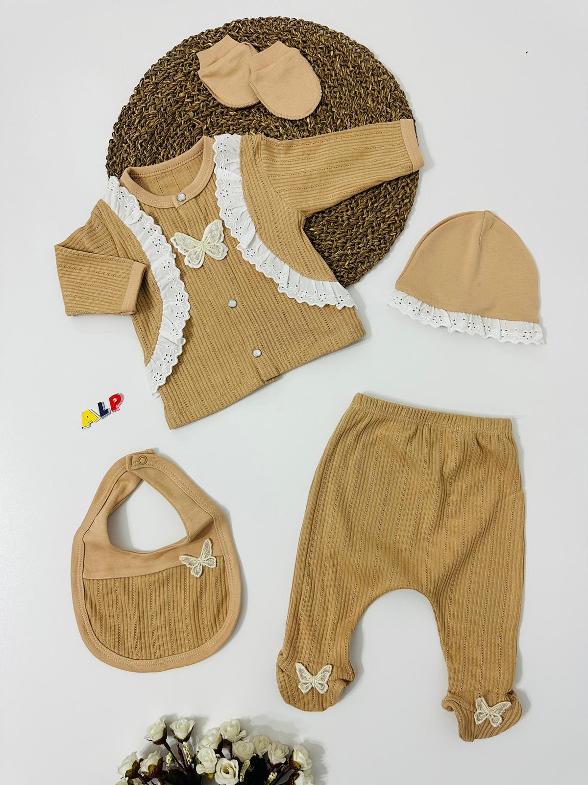 Fitilli Dantel Kenarlı 5 Parça Hastane Çıkış Seti Kız Takım Açık Kahverengi