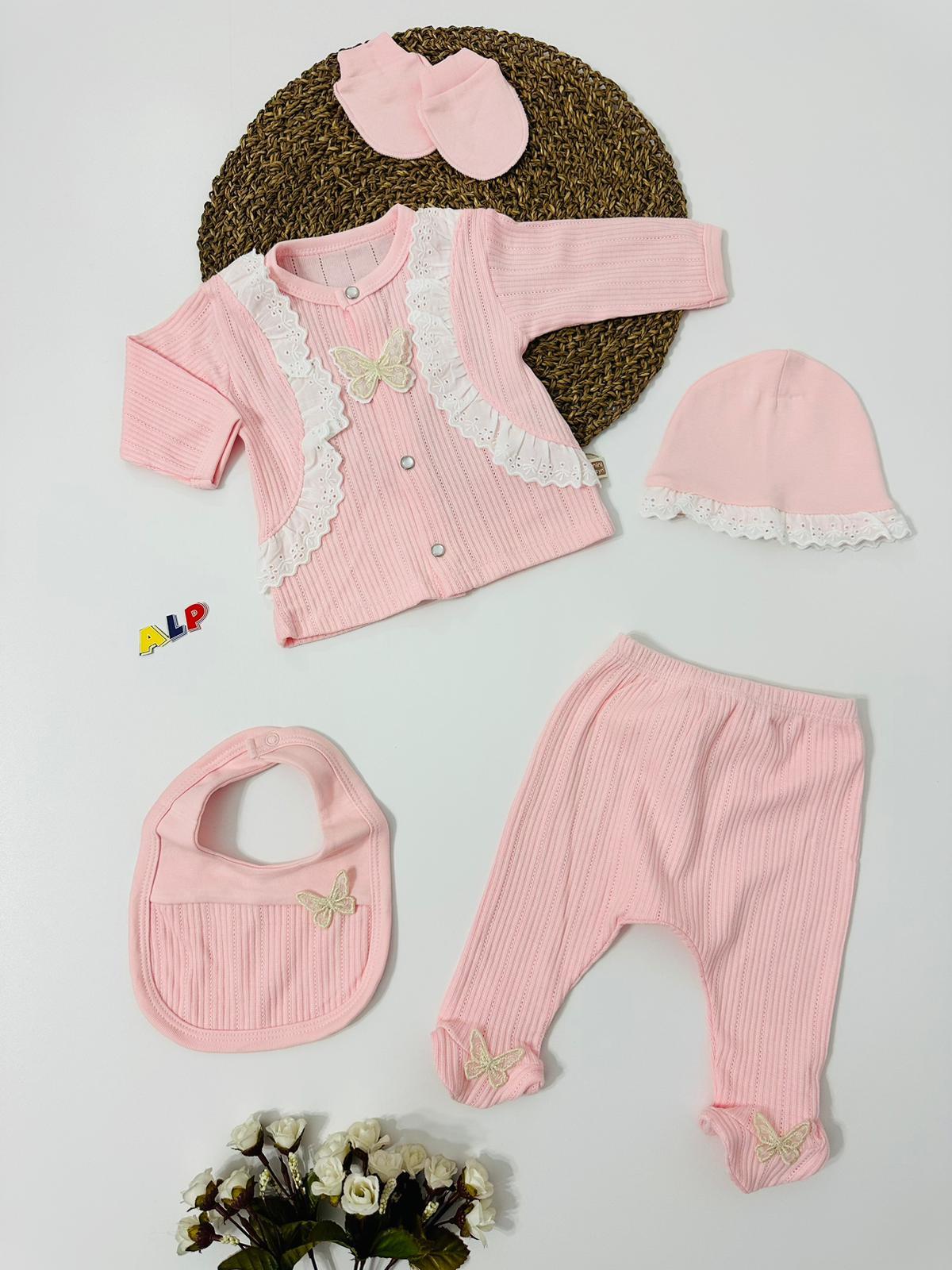 Fitilli Dantel Kenarlı 5 Parça Hastane Çıkış Seti Kız Takım Pembe