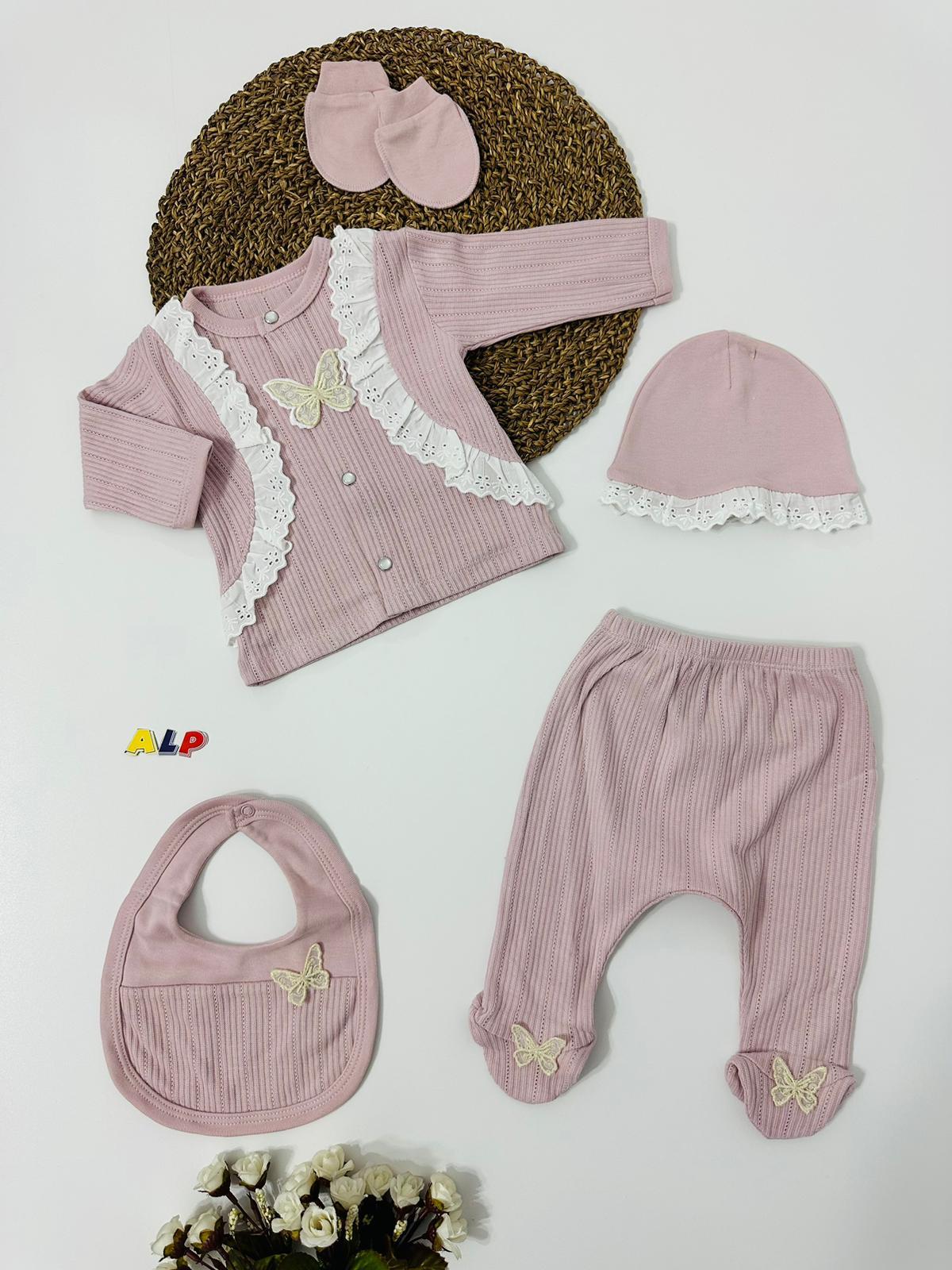 Fitilli Dantel Kenarlı 5 Parça Hastane Çıkış Seti Kız Takım Eflatun