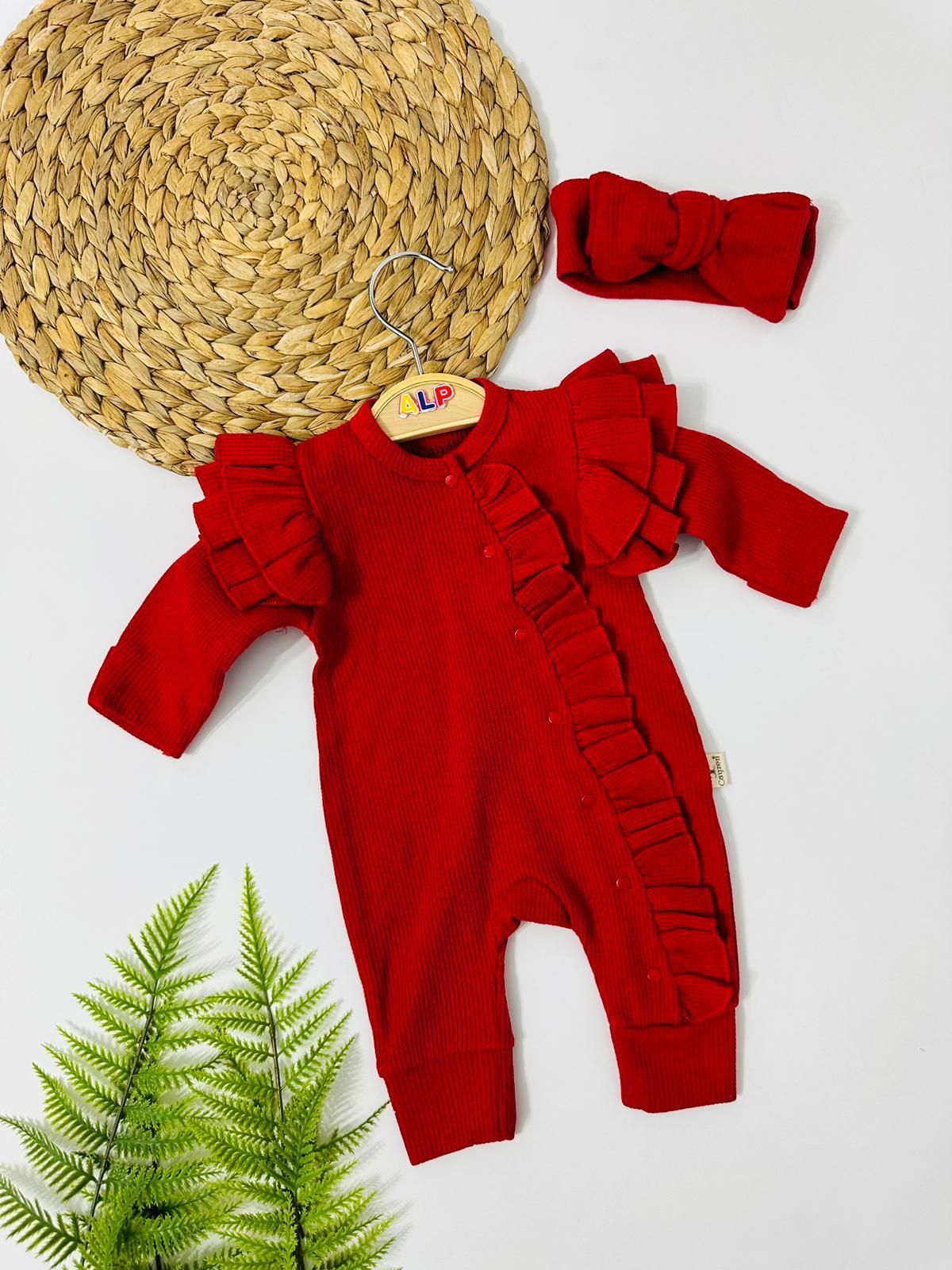 Fiyonk Detaylı waffale Kumaş Mevsimlik Bandana Tulum Set - Kırmızı 
