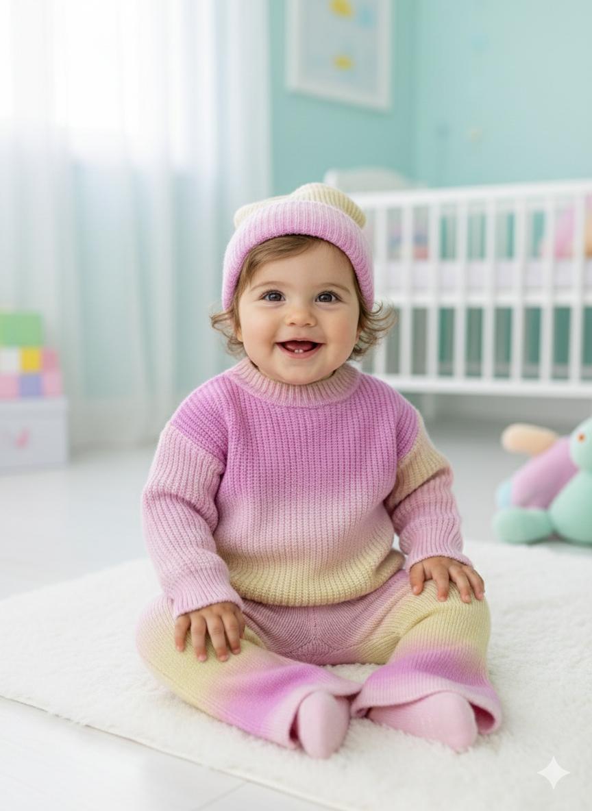 Gökkuşağı Kazaklı Kız Bebek Triko Takım 