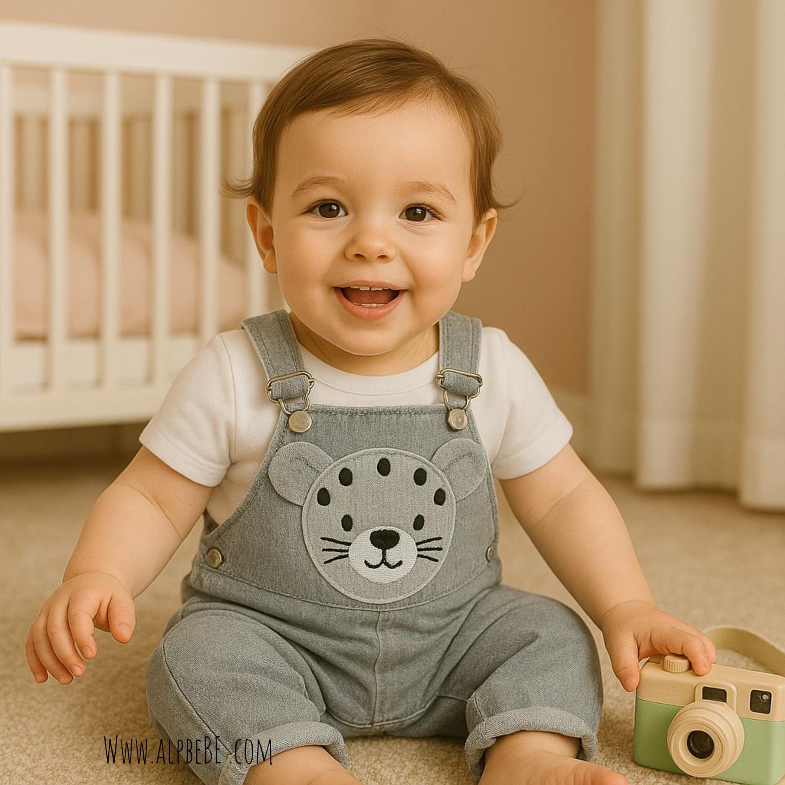 Hamburg Tiger Nakışlı Örme Kot Salopet Takım - Gri