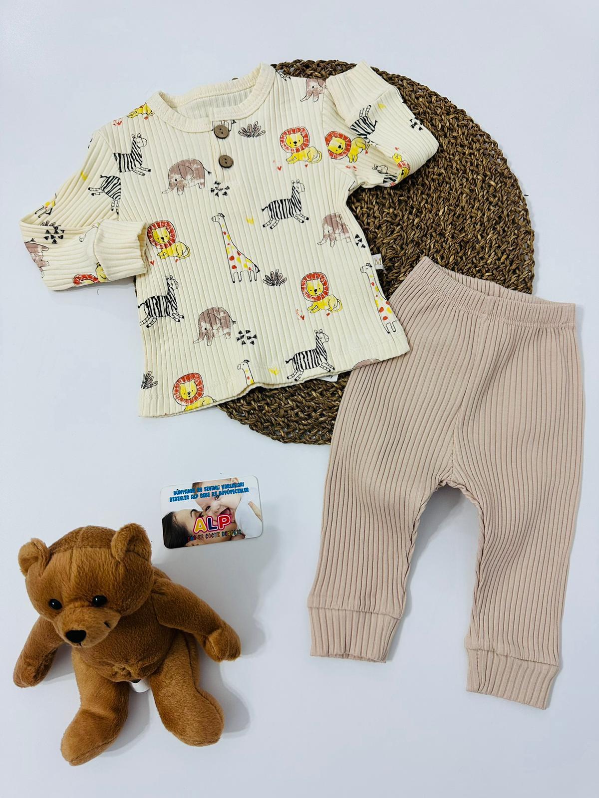 Hayvanlar Alemi Fitilli 2 Parça Kışlık Set Erkek Takım Bej