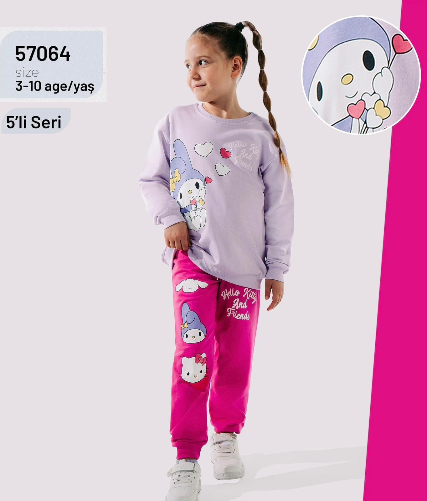 Hello Kity 2 İp Cep Detaylı Eşofman Takım - Fuşya