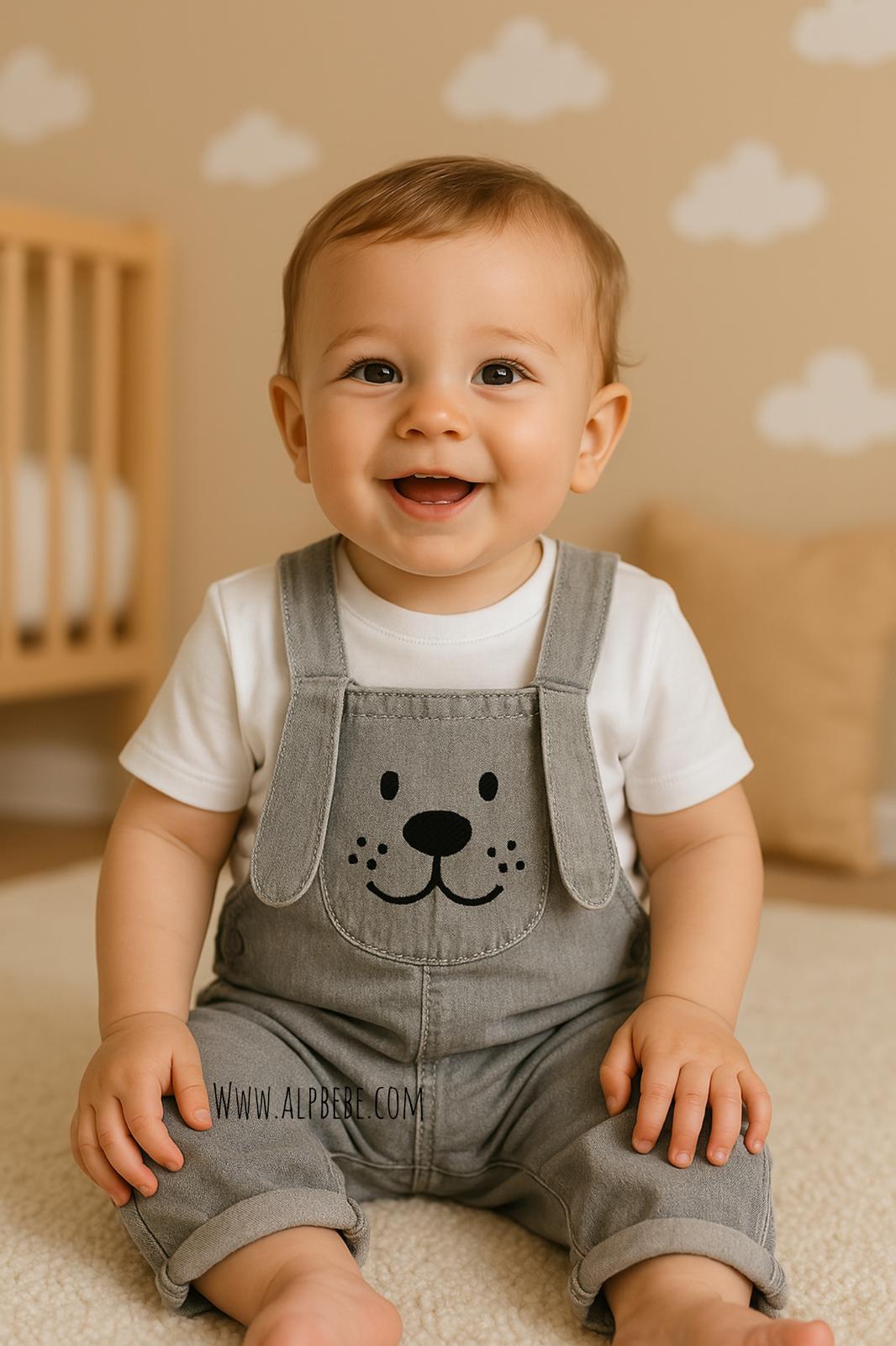 Hessen Uzun Kulak Detaylı Köpekcik Örme Kot Salopet Takım - Gri