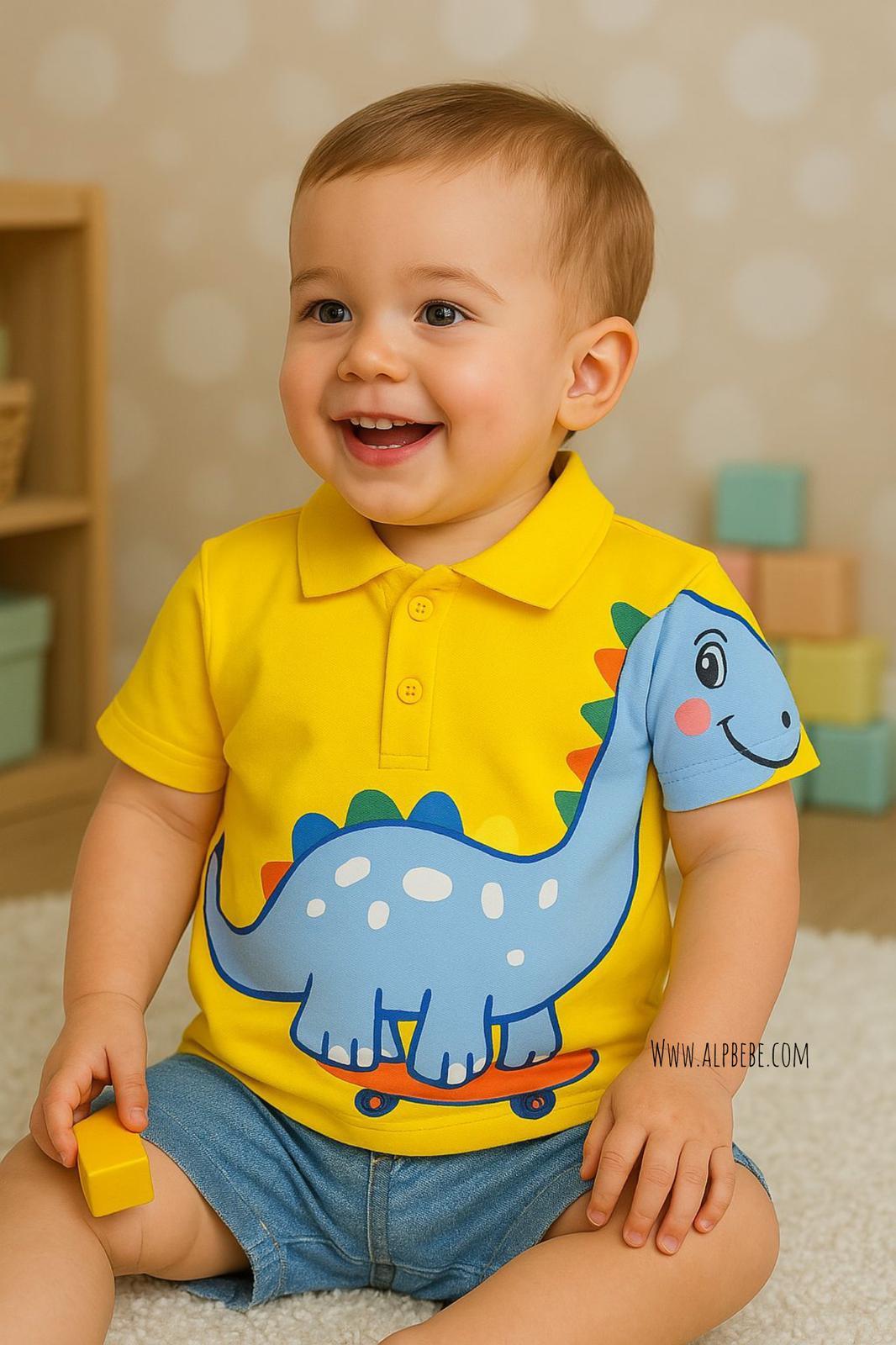 Holstein Dino Önden Çıtçıt Örme Kot Yazlık Takım - Sarı