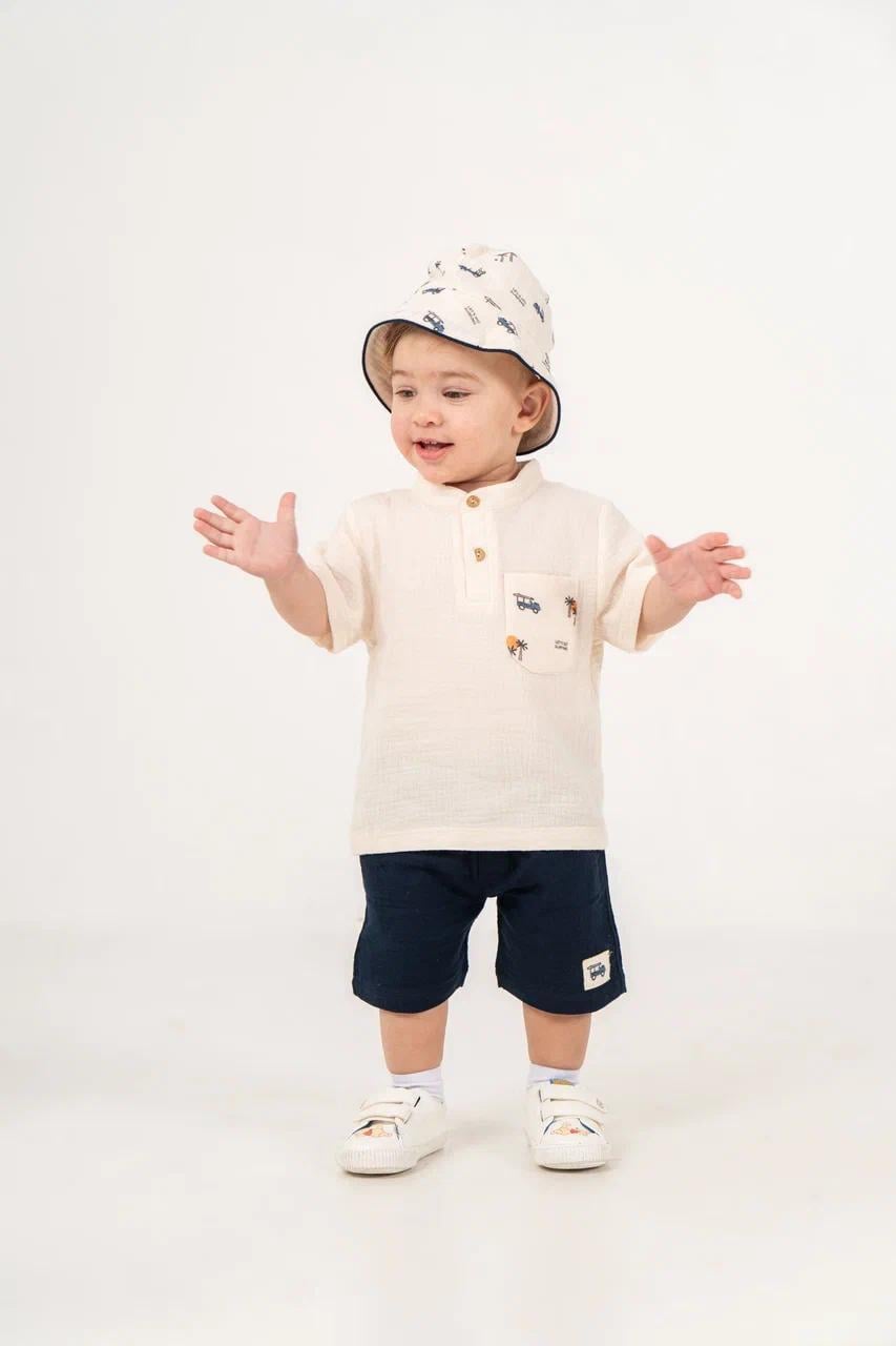 İdaho Erkek Bebek Yazlık Müslin Şapkalı 3lüTakım 
