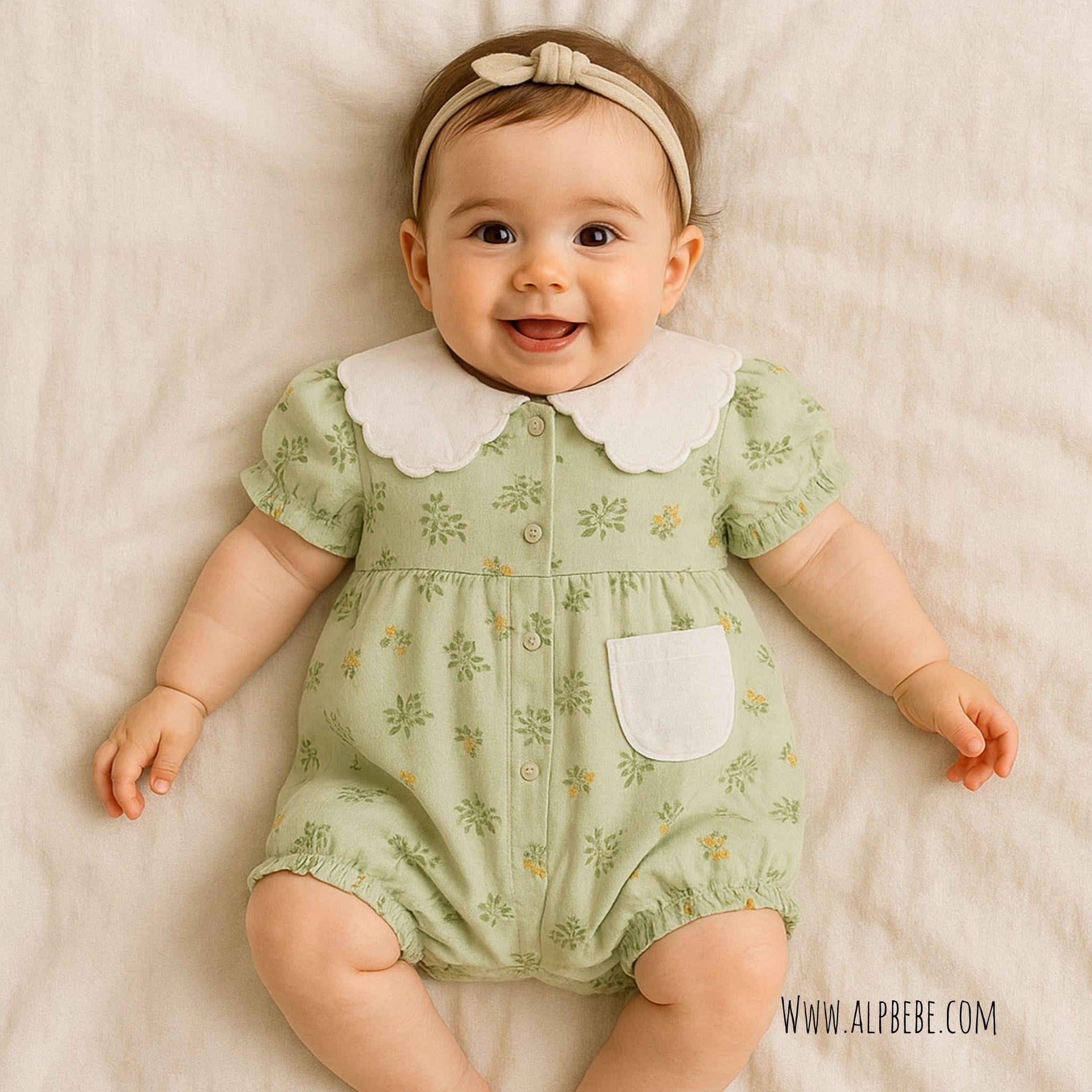 Italy Yeşil Dallar Desen Boydan Çıtçıtlı Müslin Tulum - Yeşil 