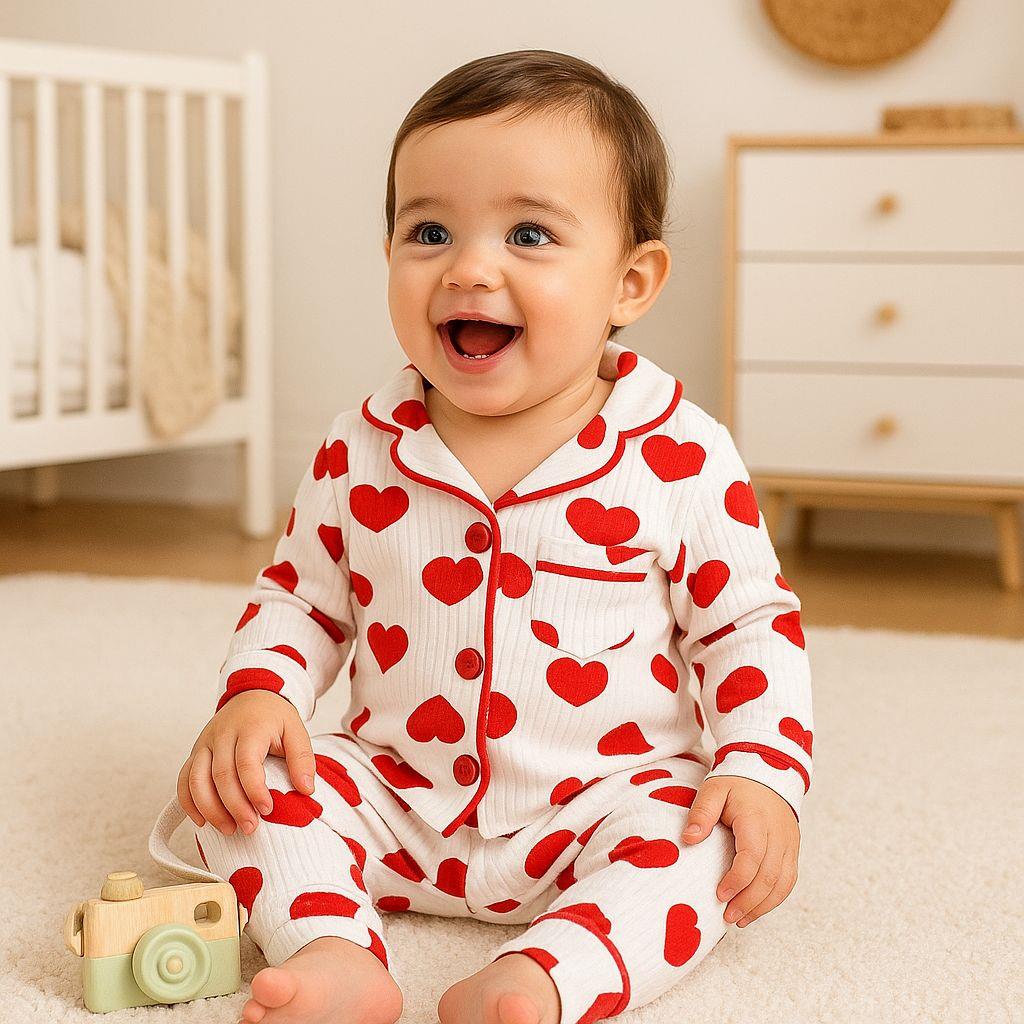 Kalp Detaylı Önden Düğmeli Mevsimlik 2 Parça Pjama Takımı -Kırmızı 