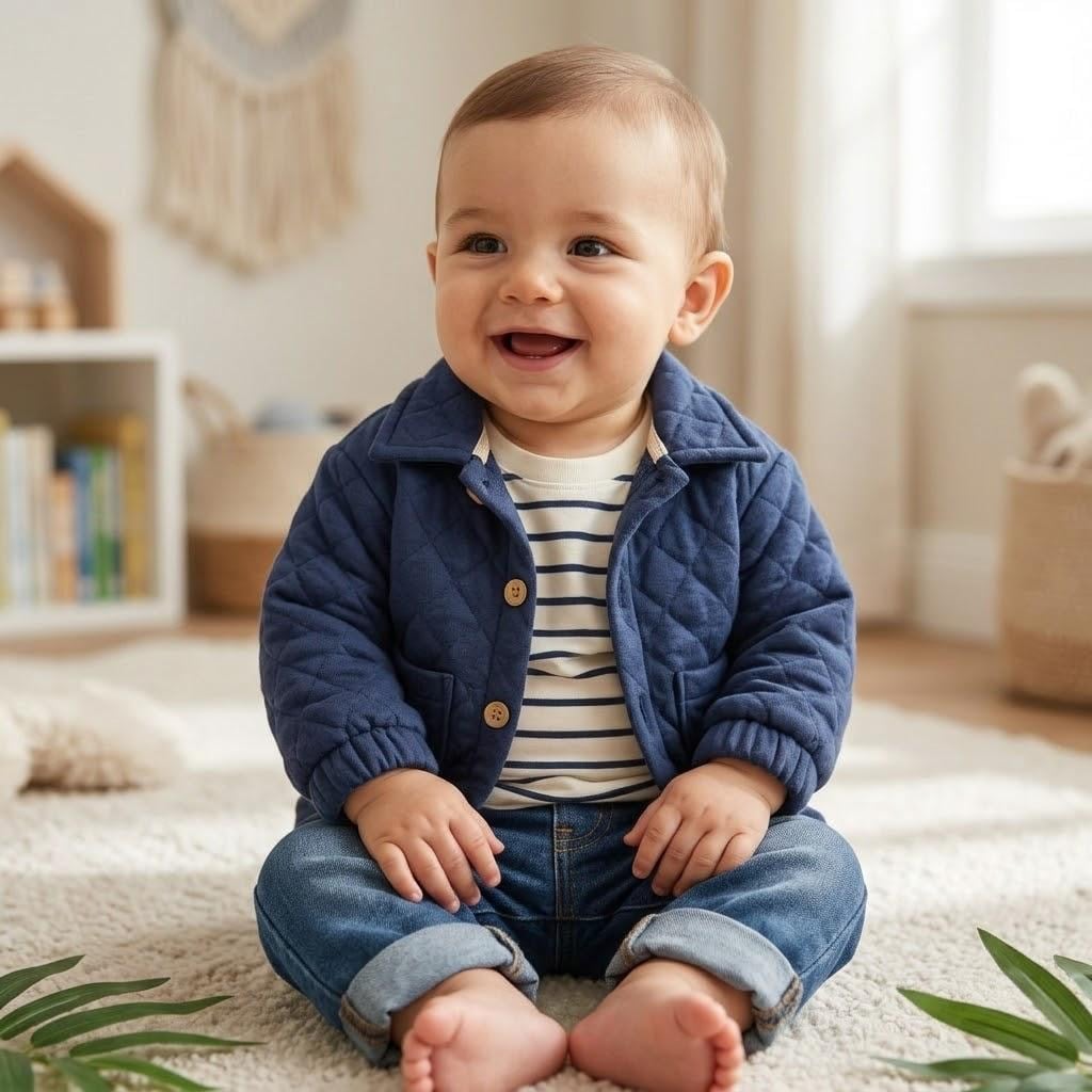 Kapitone Ceket Çizgili Badi Likralı Jean Pantolon 3lü Erkek Bebek/Çocuk Takım