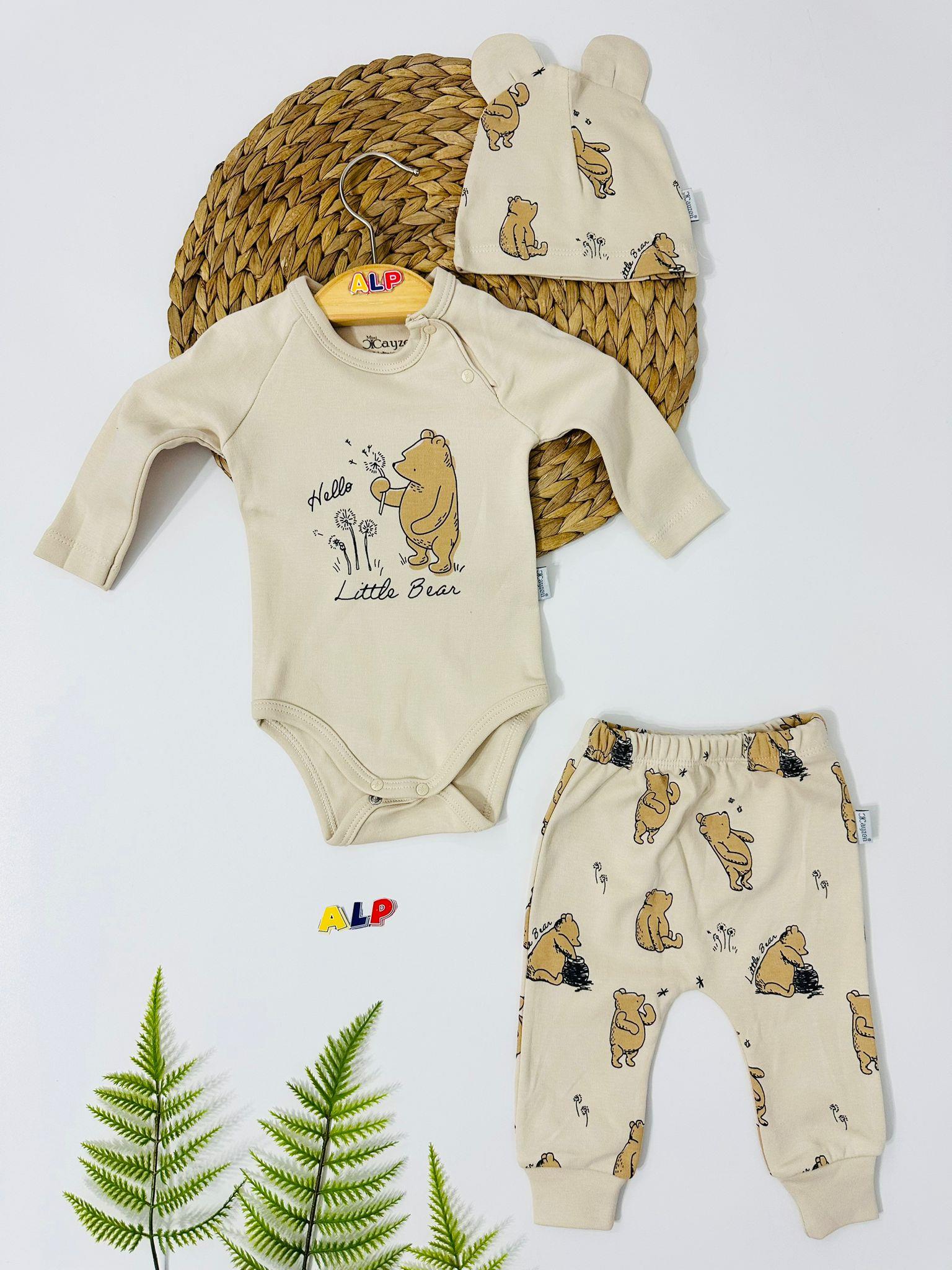 Litlee Bear Şapkalı Takım 3 lü - Açık Kahverengi