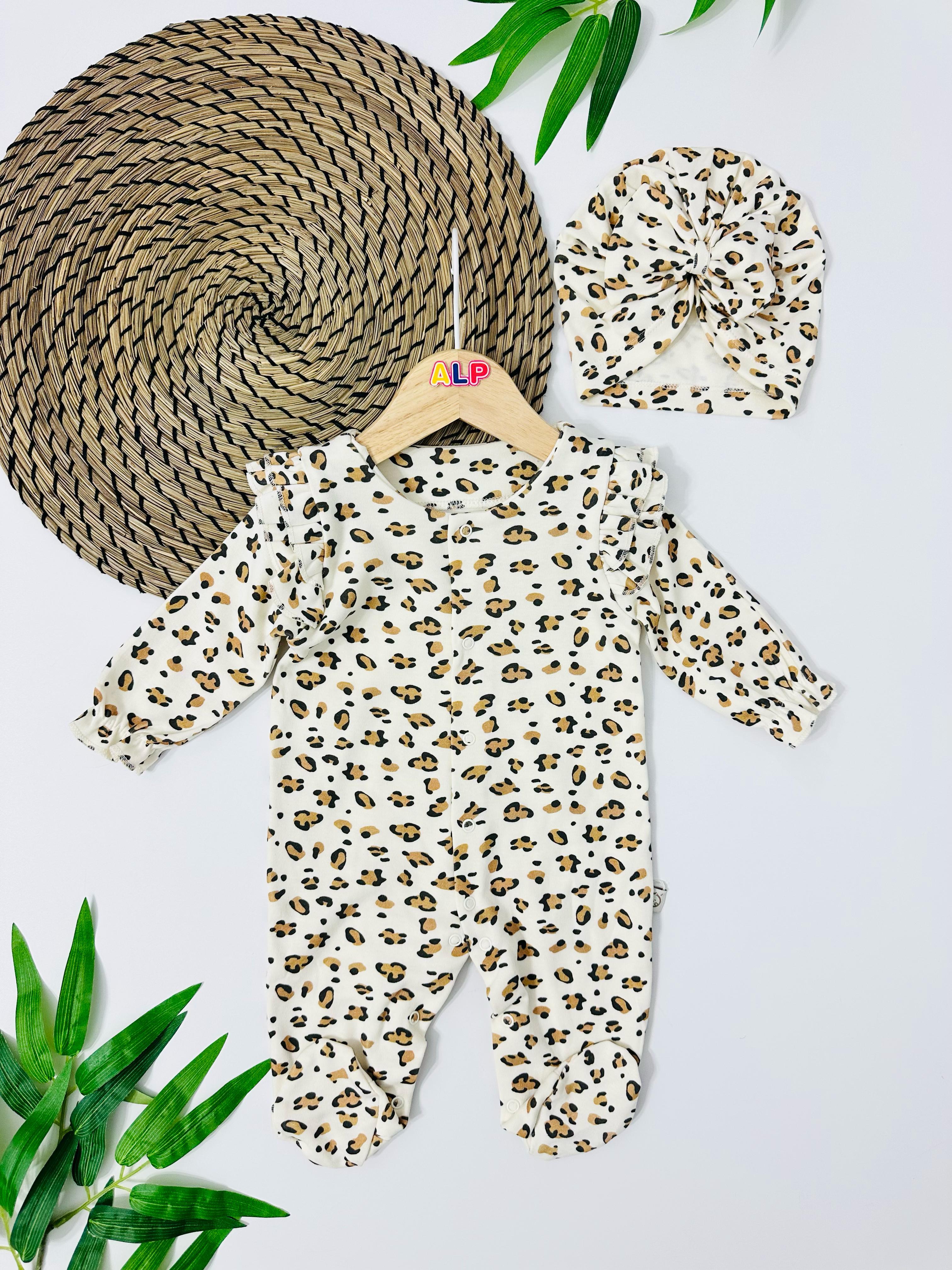 Malawi Boneli  Leopar Desen Önden Komple Çıtçıtlı Mevsimlik Tulum Set - Krem 