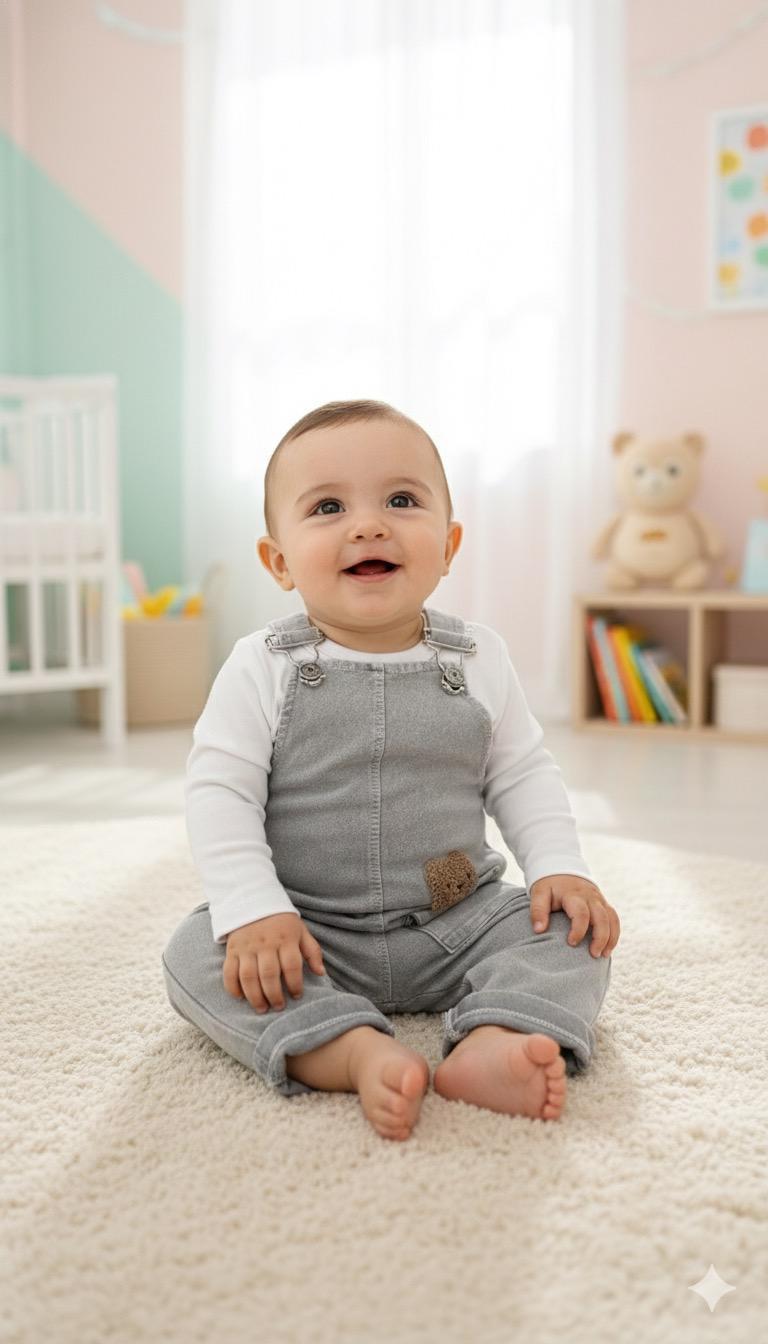 Minik cepte bear punch işlemeli mevsimlik kot kumaş 2li salopet set