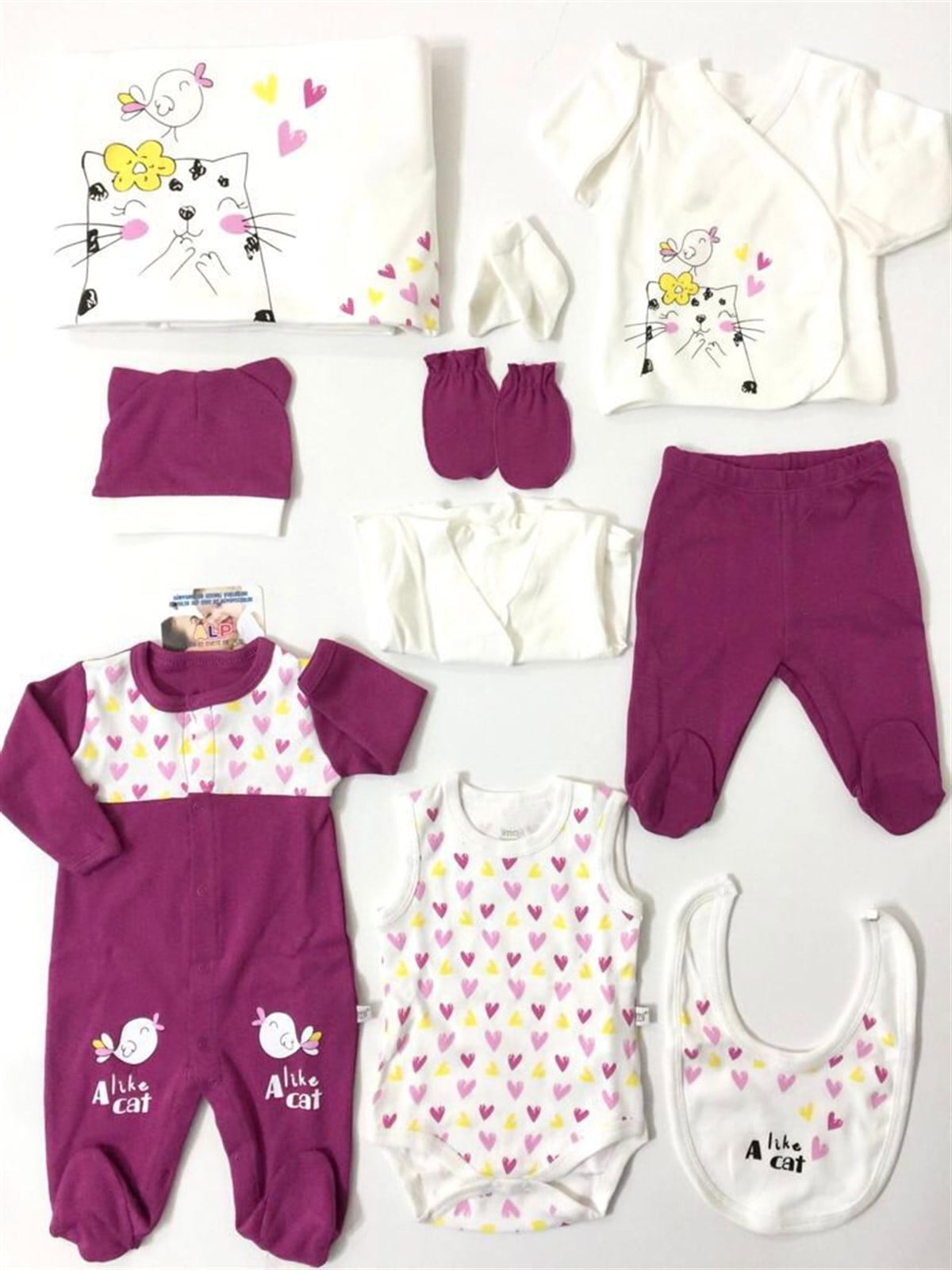 Minik Kuş ve Kedi 10 Parça Hastane Çıkış Seti Kız Takım Fuşya