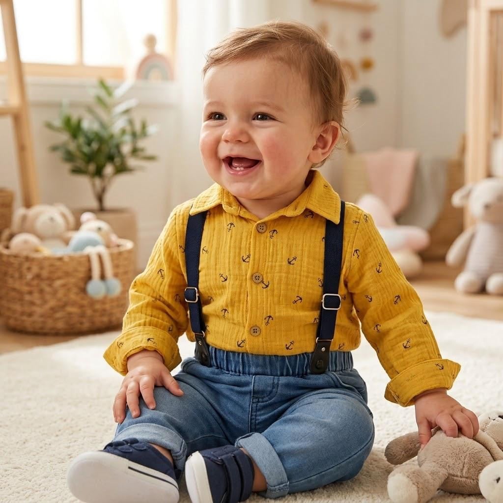 Müslin Askı Kemerli Çapa Baskılı Likralı Kot Pantolon 3lü Erkek Bebek/Çocuk Takım
