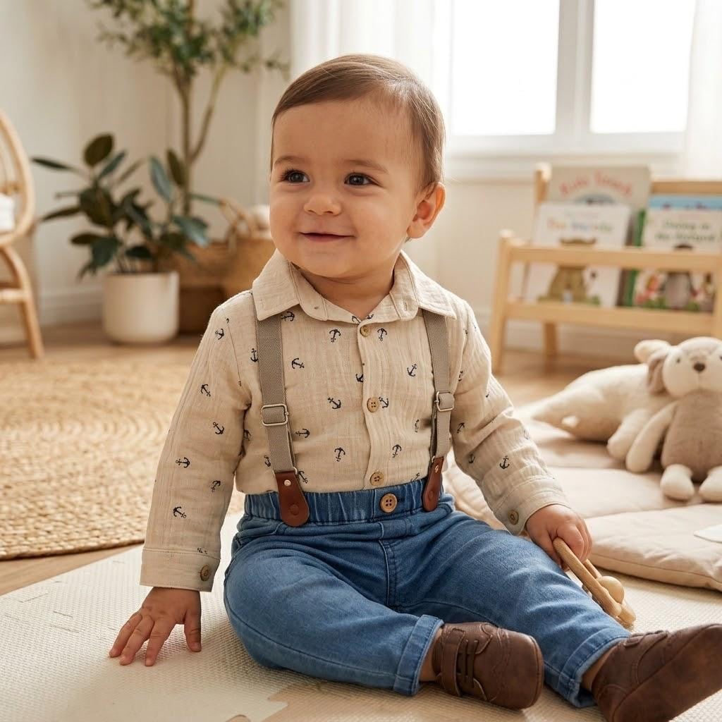 Müslin Askı Kemerli Çapa Baskılı Likralı Kot Pantolon 3lü Erkek Bebek/Çocuk Takım