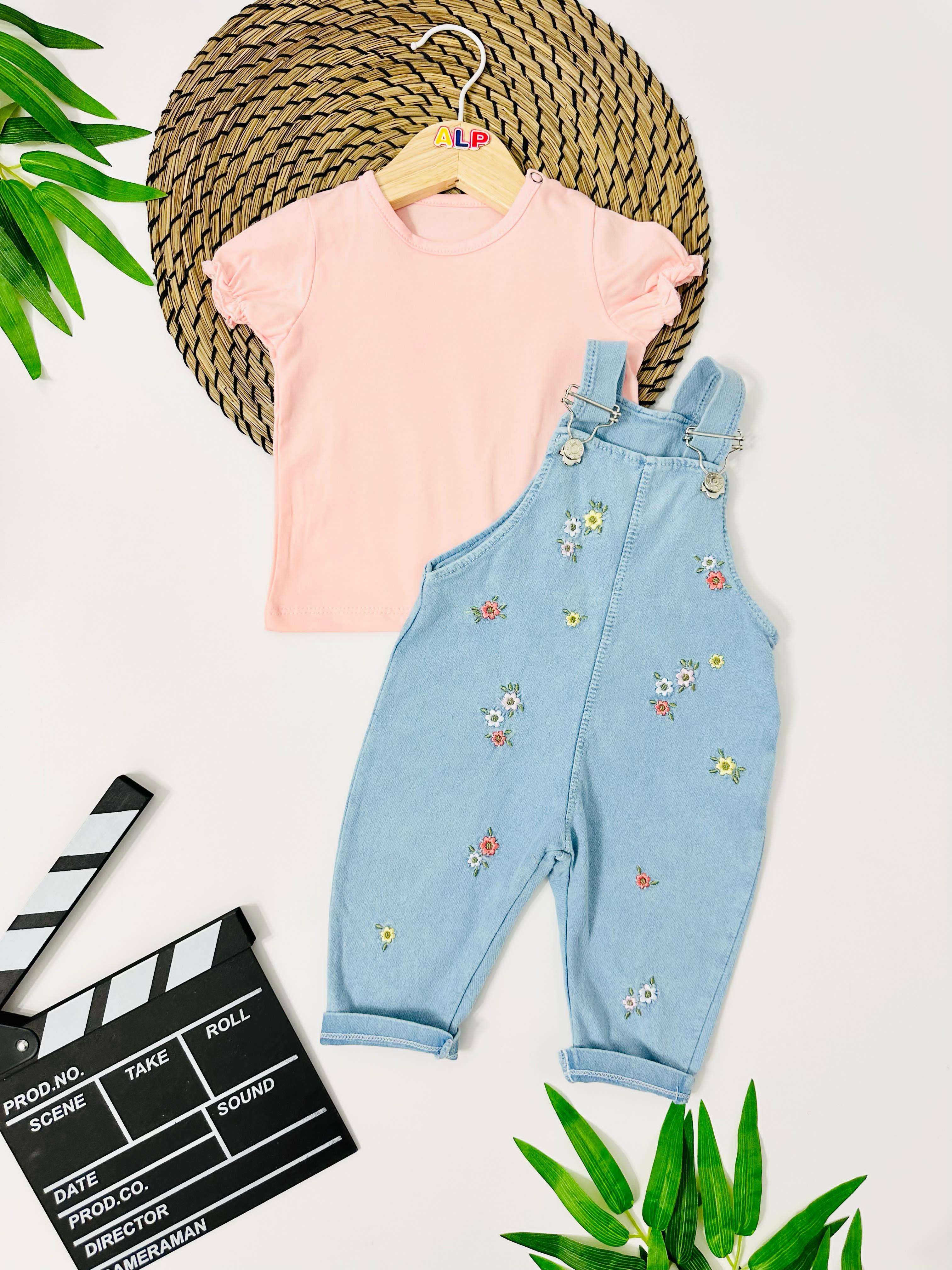 Nevada Renkli Çiçek Nakışları Örme Kot Salopet Takım - Somon 