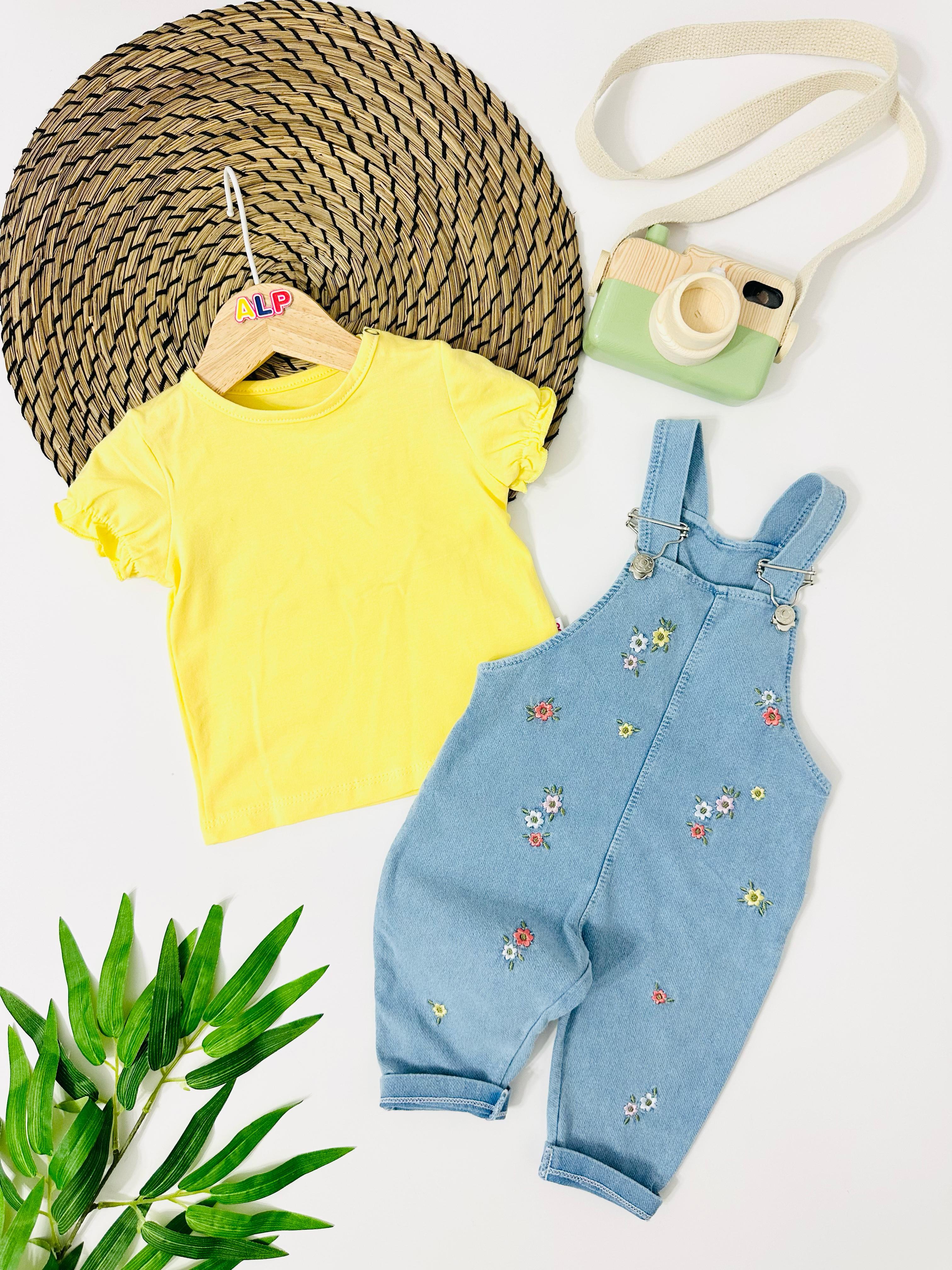 Nevada Renkli Çiçek Nakışları Örme Kot Salopet Takım - Sarı 