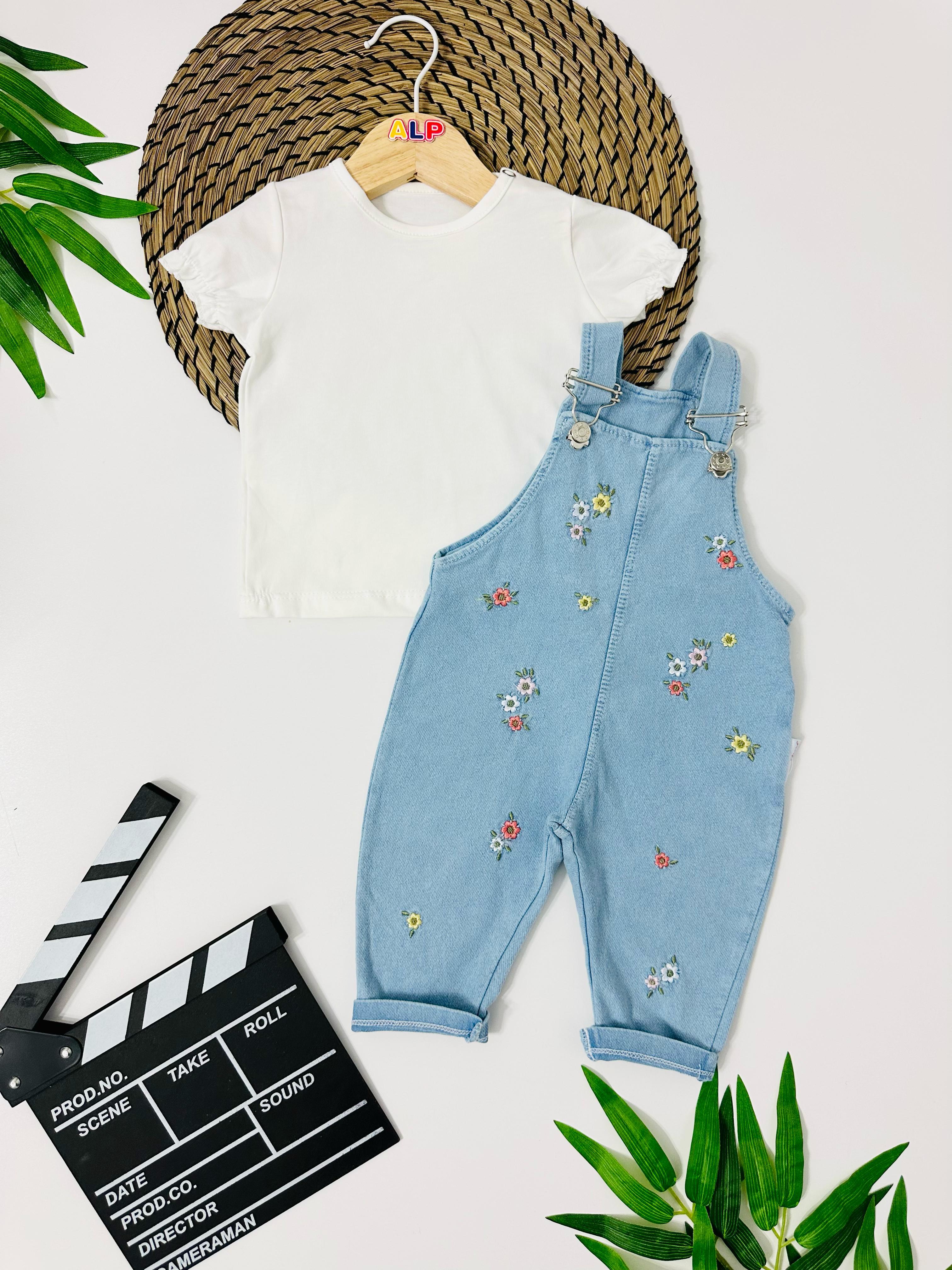 Nevada Renkli Çiçek Nakışları Örme Kot Salopet Takım - Beyaz 