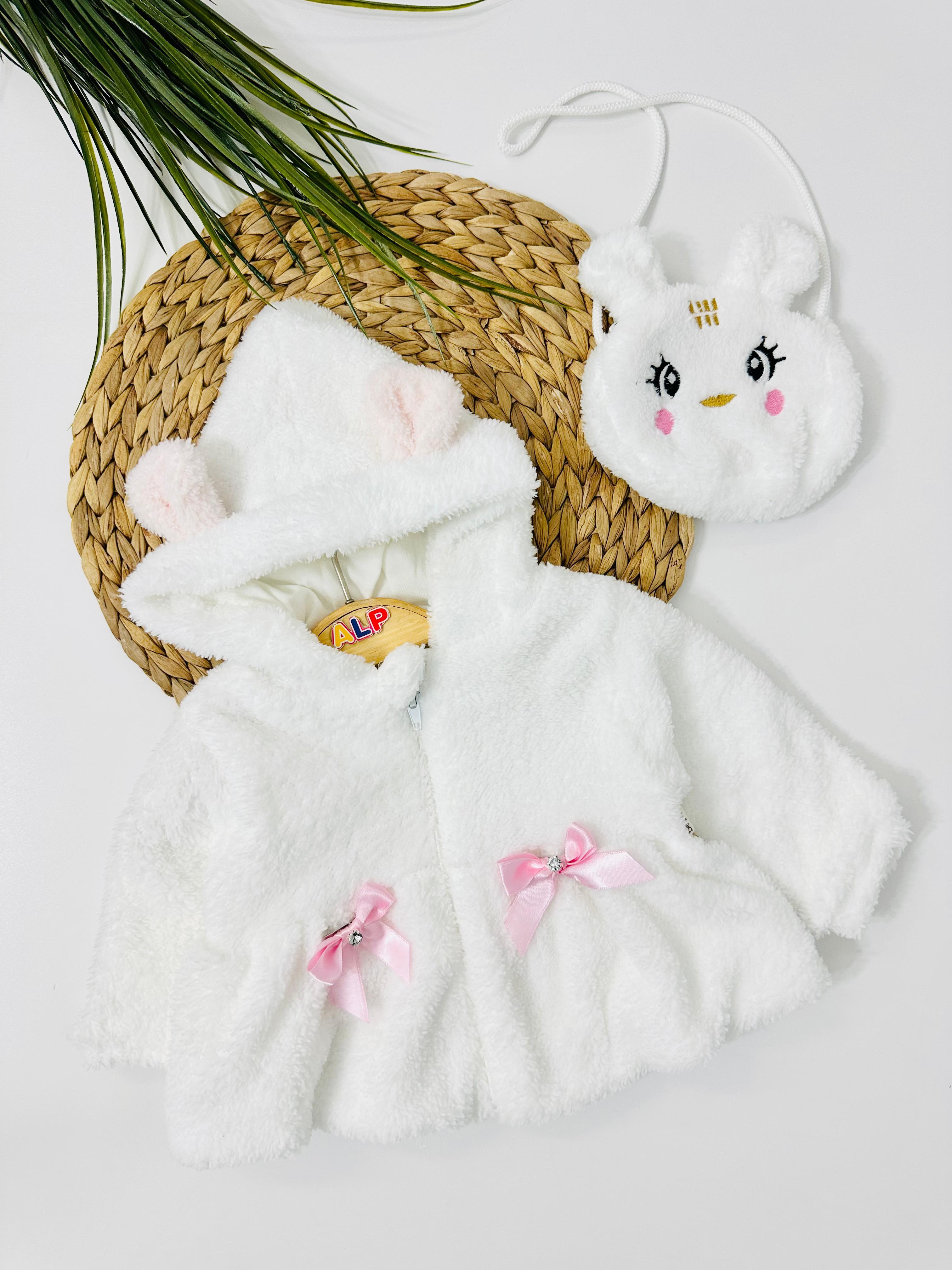 New Jersey Çantalı Peluş Mont - Beyaz