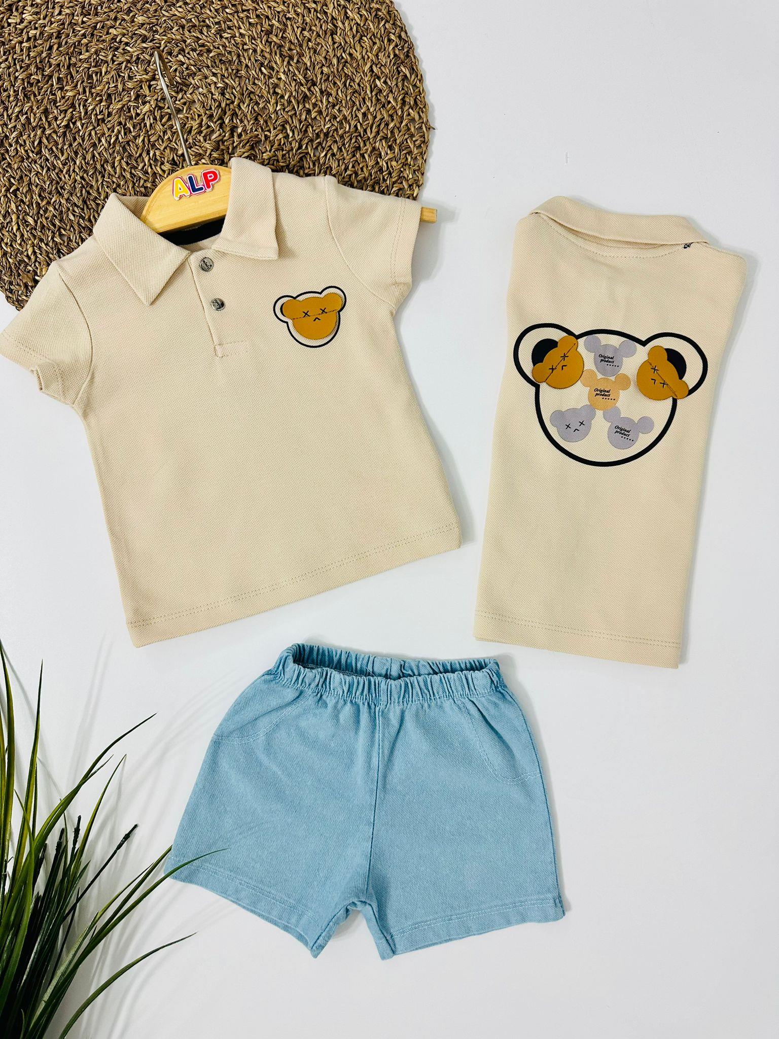 Original Product Yakalı Örme Kot Şortlu 2li Takım - Bej 