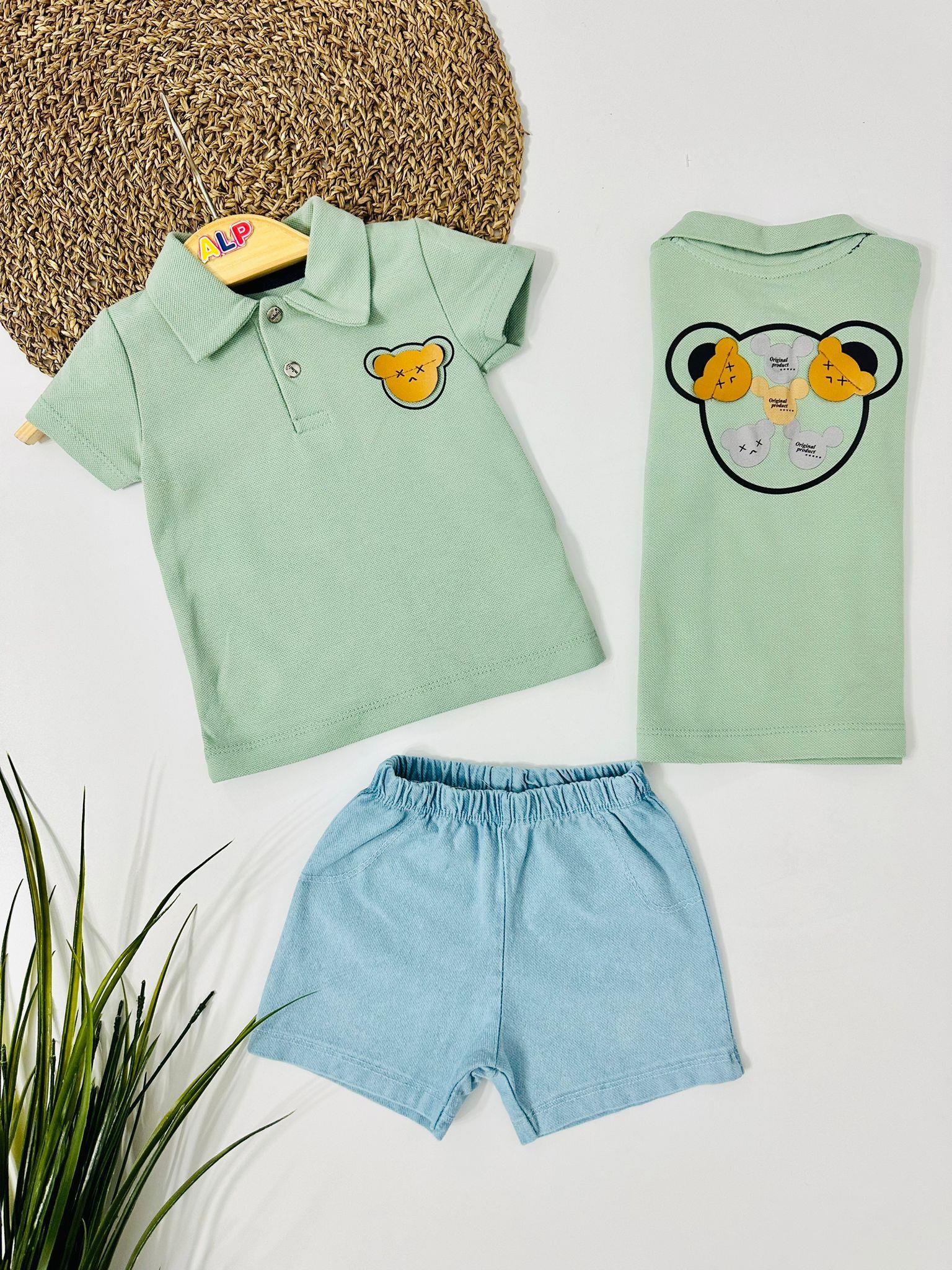 Original Product Yakalı Örme Kot Şortlu 2li Takım - Yeşil 