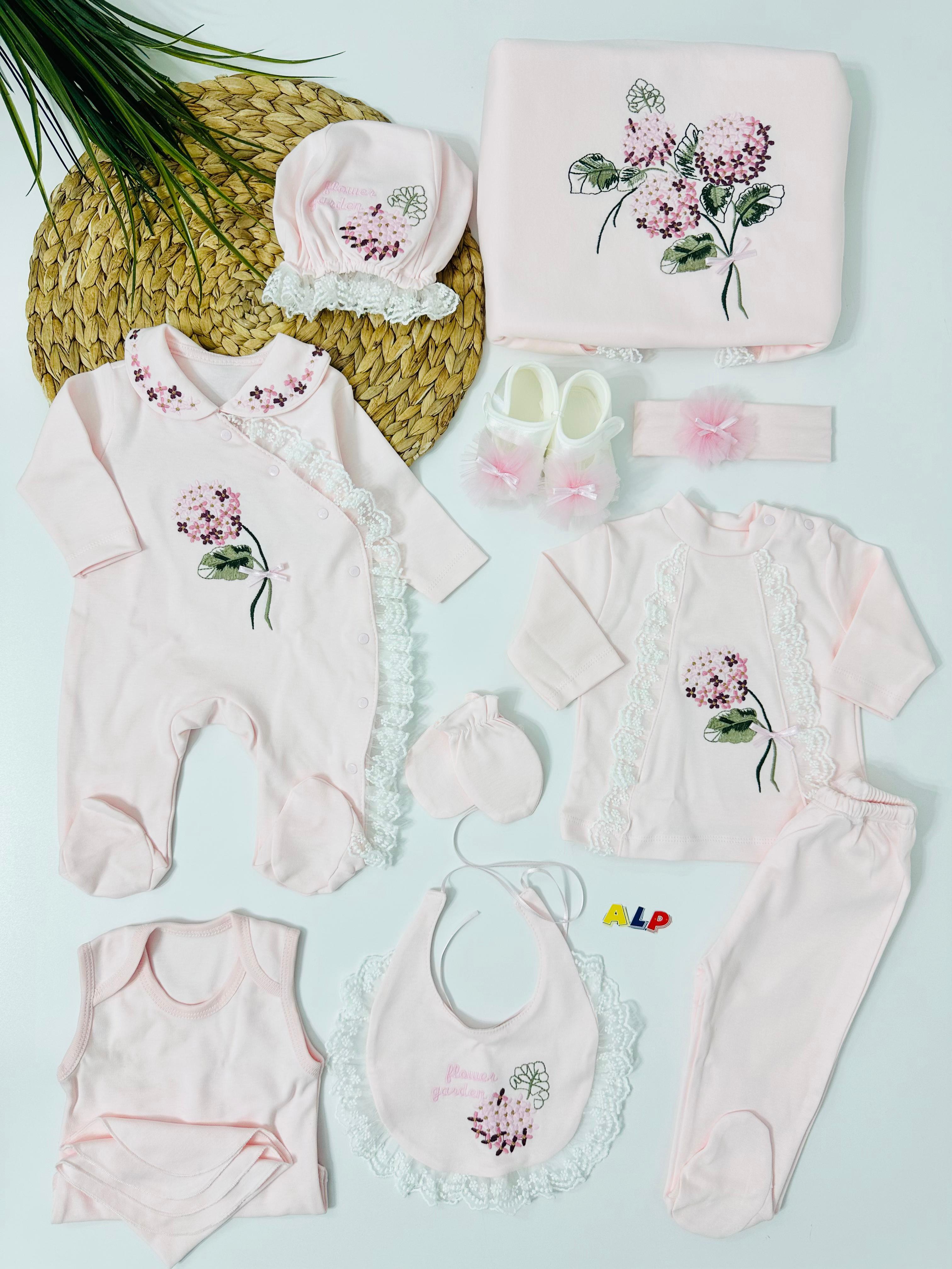 Ortanca  Çiçek Nakışlı  10 lu Hastane Çıkışı Set - Pembe