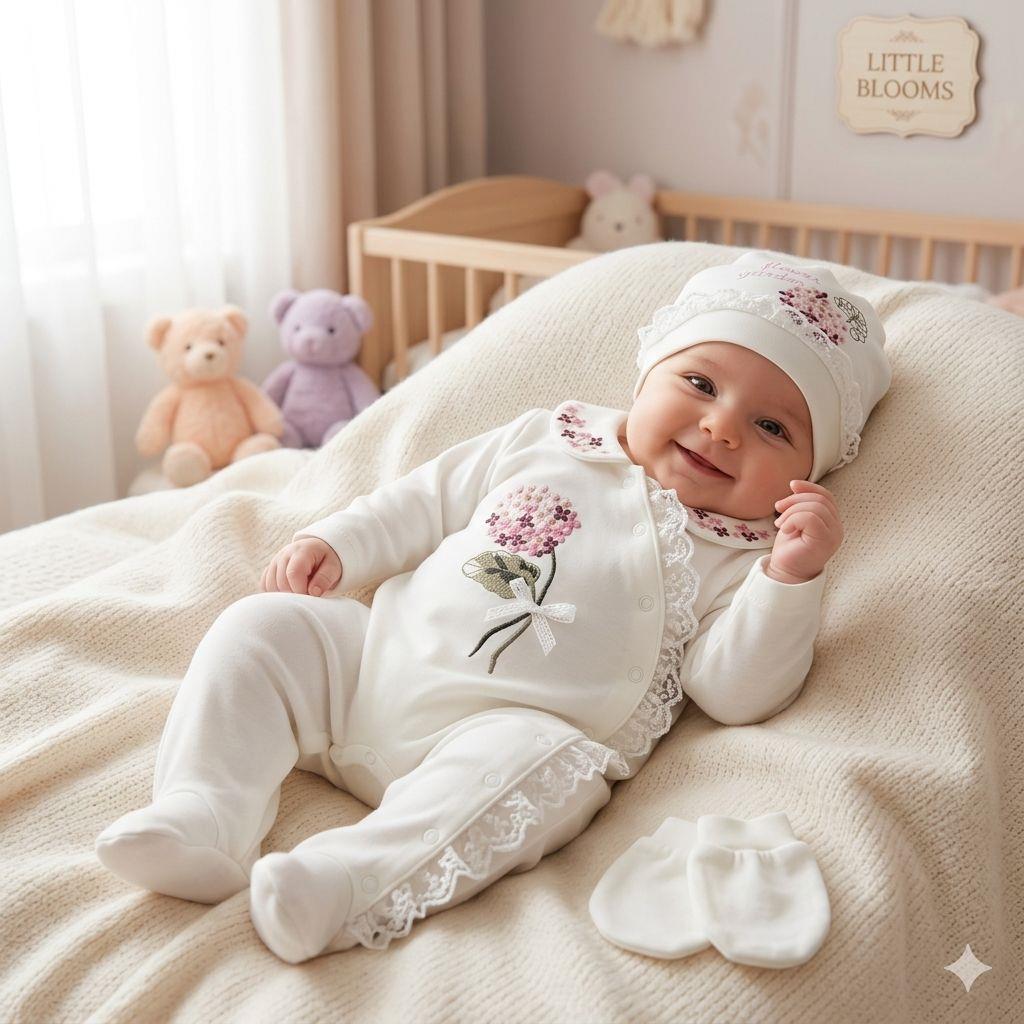 Ortanca Nakışlı Tulum set - Krem