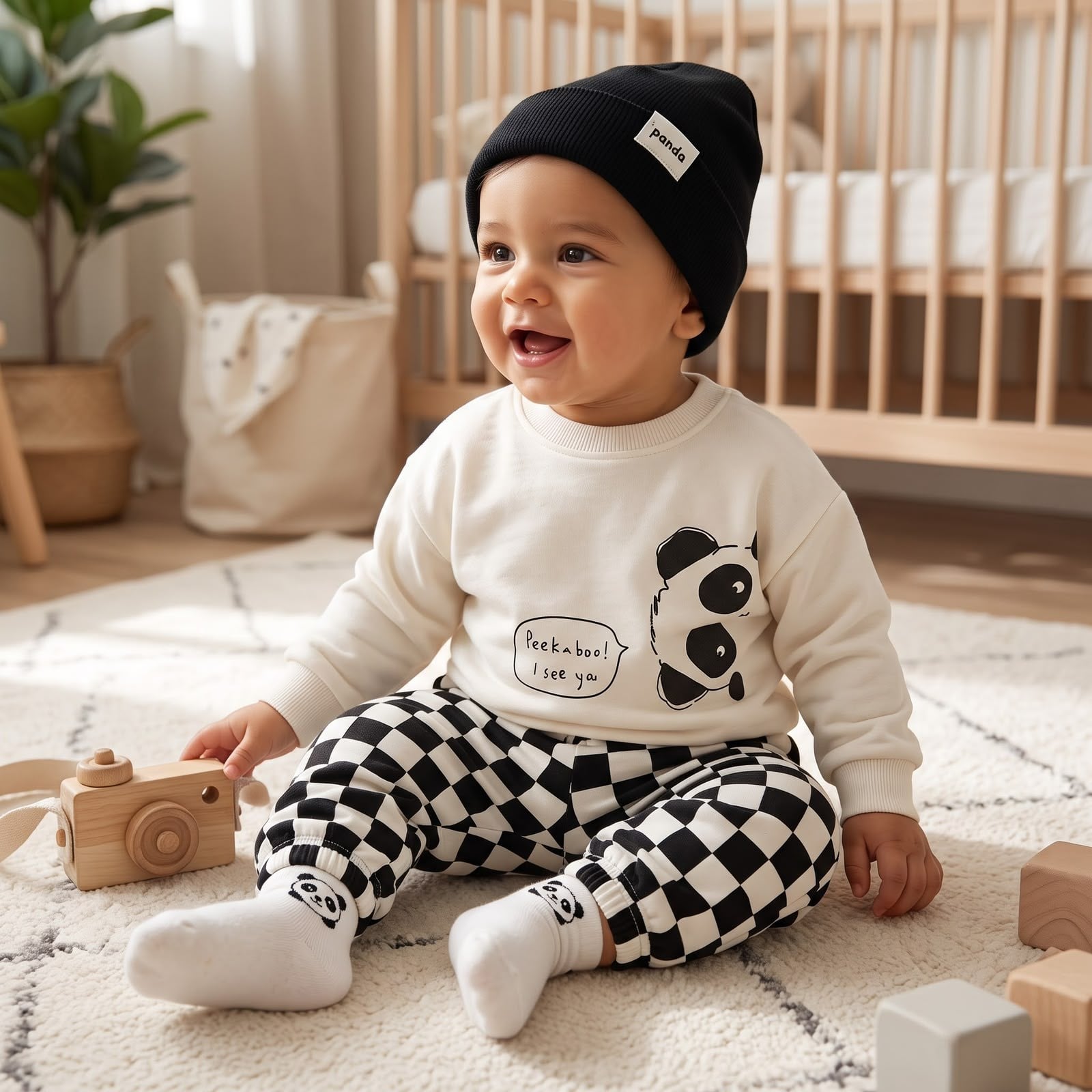Panda Baskılı Damalı Çorap Ve Bereli 4'Lü Takım