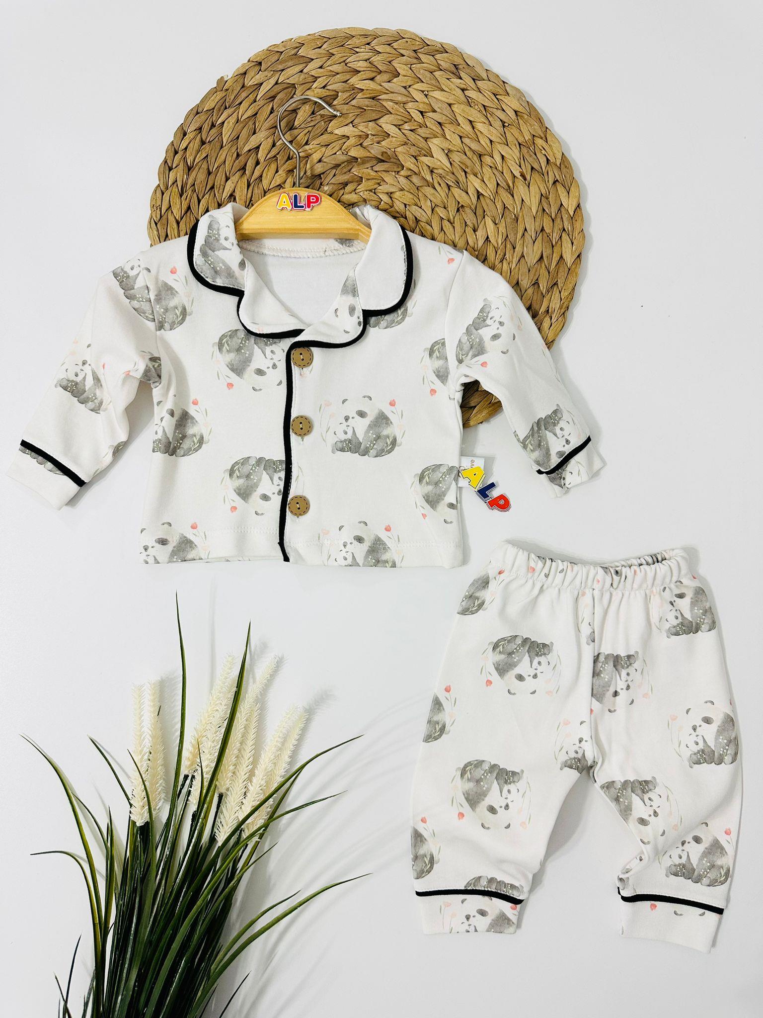 Panda Düğmeli Pijama Takımı  -Krem