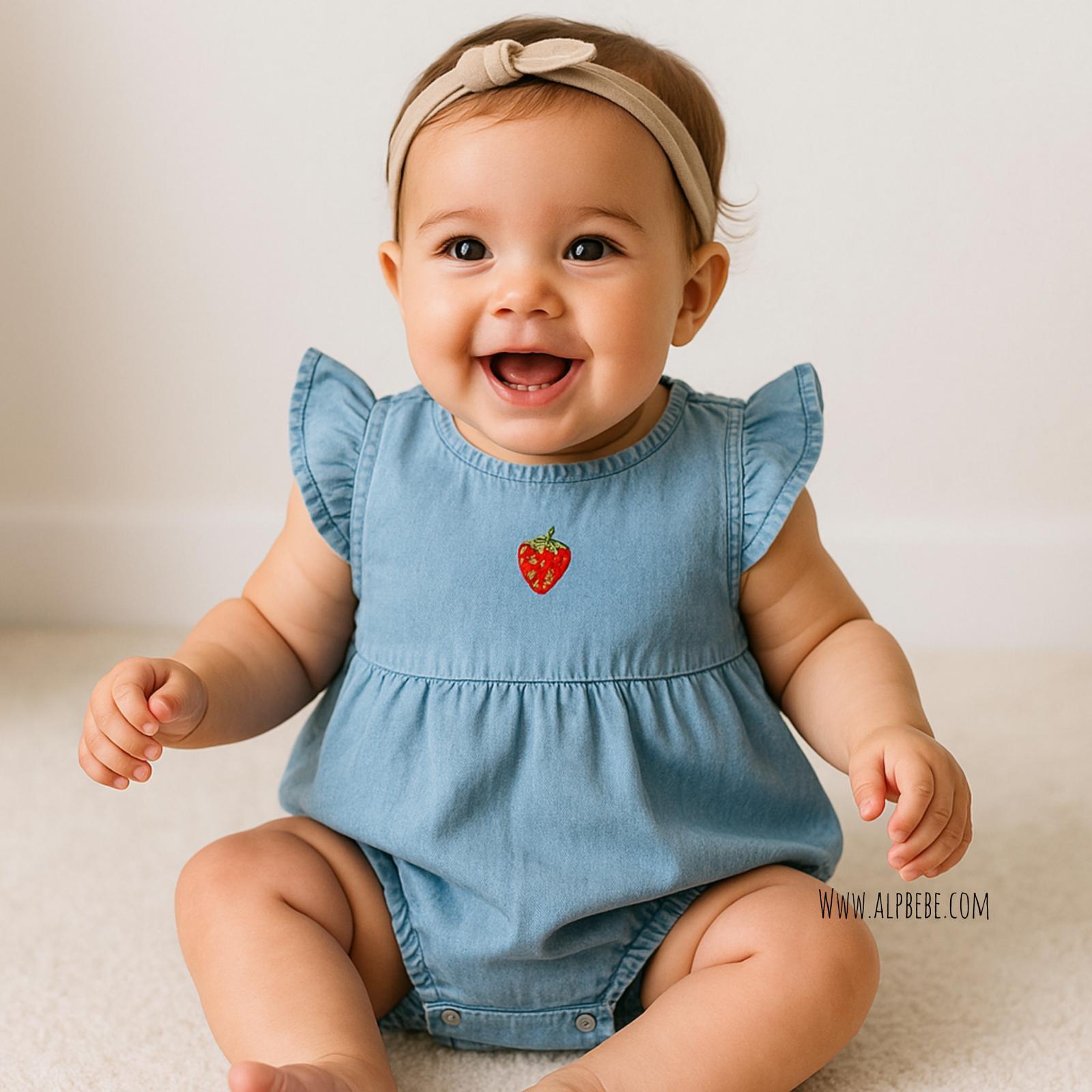 Patma çilek  Örme Kot Salopet Takım - Mavi