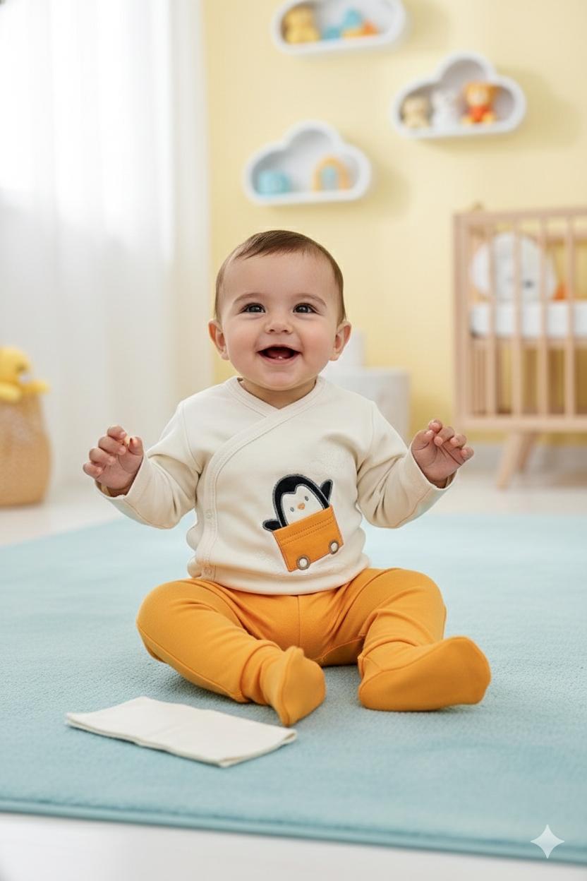 Penguen  Nakış İşlemeli Yeni doğan 10lu Hastane Çıkışı Seti - Turuncu