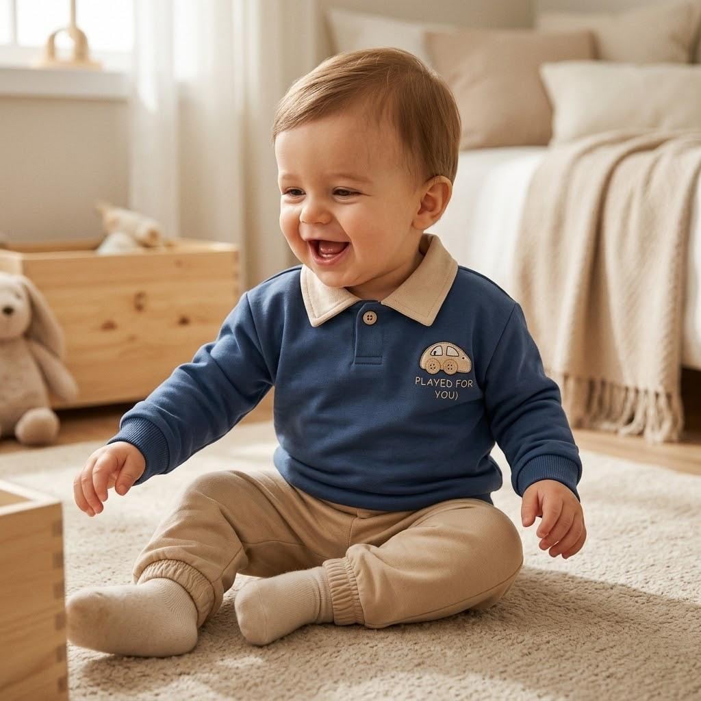 Polo Yaka Araba Oyuncaklı Oversize Geniş Kalıp 2li Erkek Bebek/Çocuk Takım