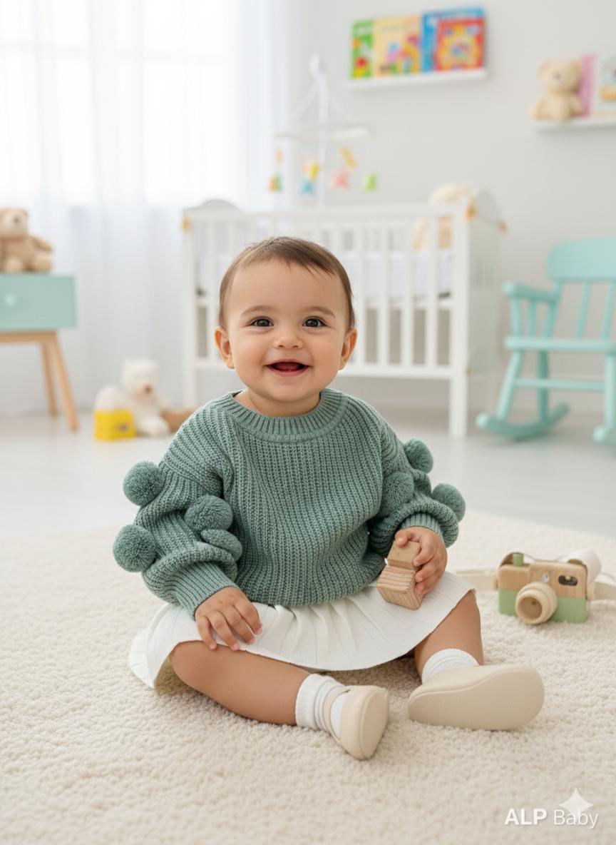 Ponponlu Kazaklı Pileli Etekli Kız Bebek Triko Takım