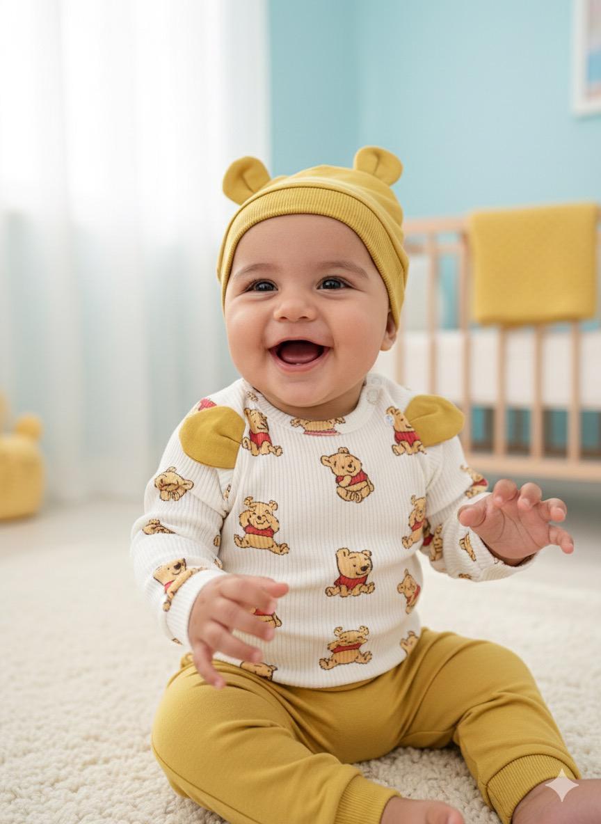 Pooh baskı detaylı tarz bereli mevsimlik 3 lü takım