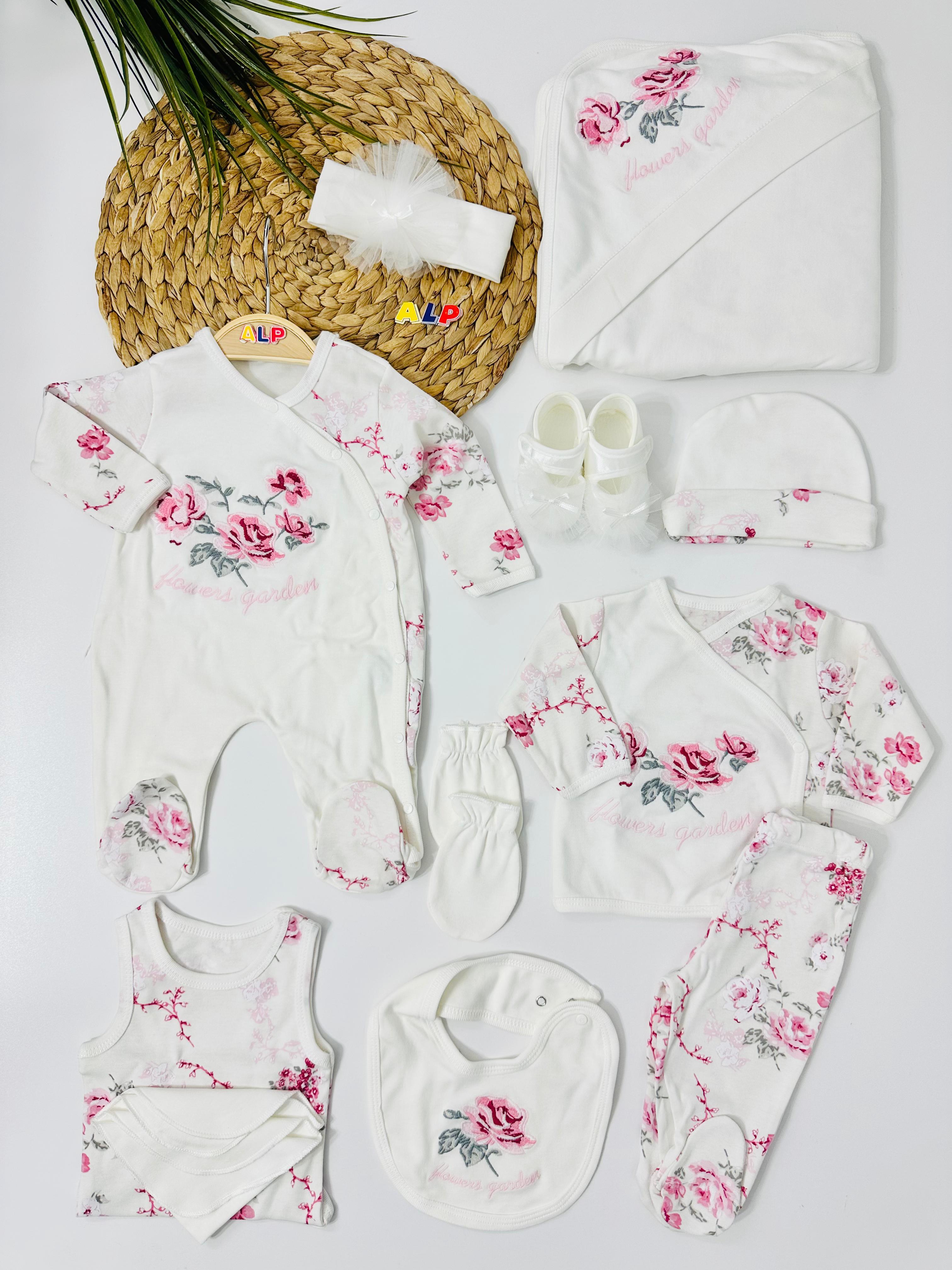 Rose   Çiçek Nakışlı  10 lu Hastane Çıkışı Set - Krem