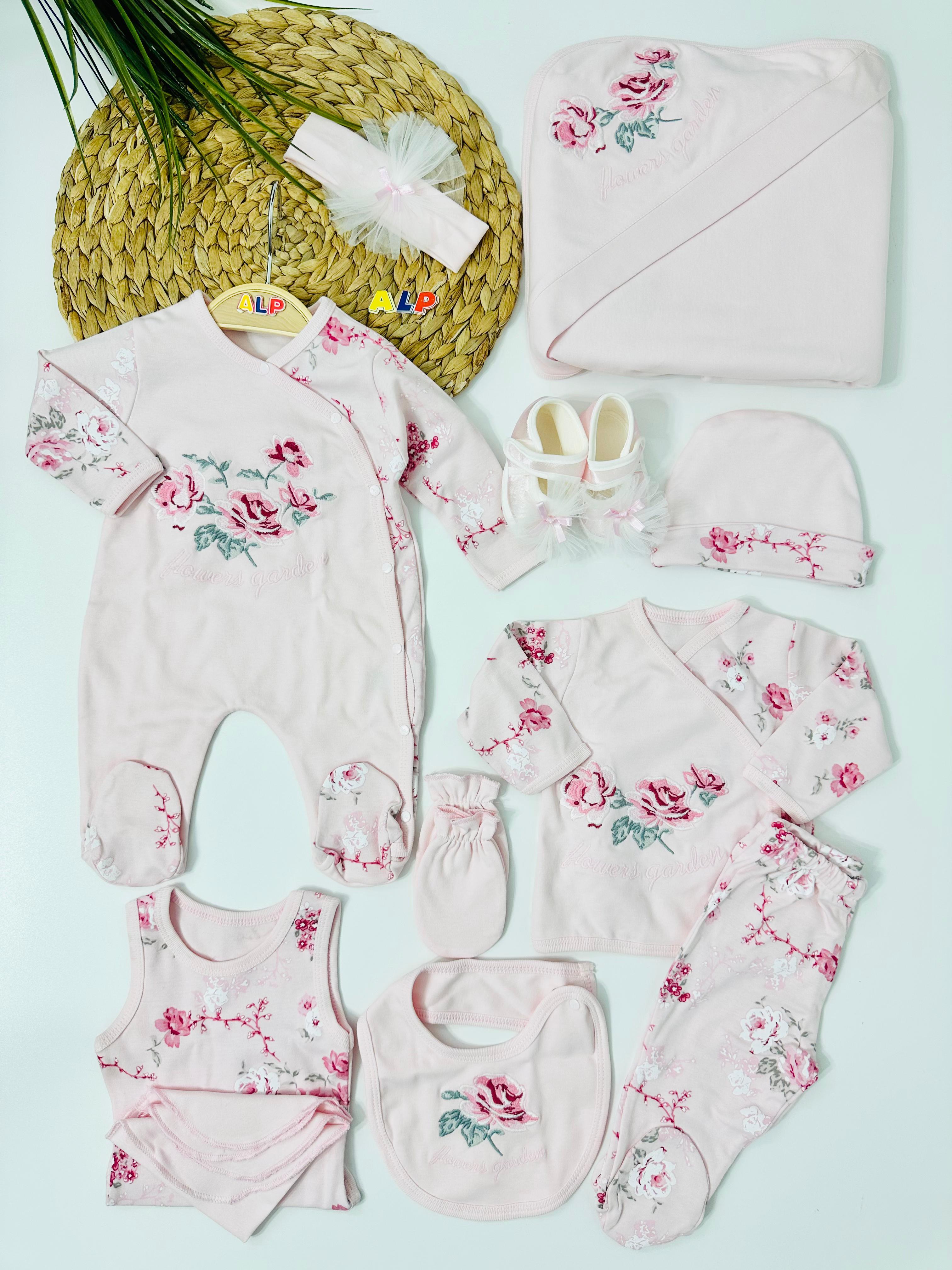 Rose   Çiçek Nakışlı  10 lu Hastane Çıkışı Set - Pembe