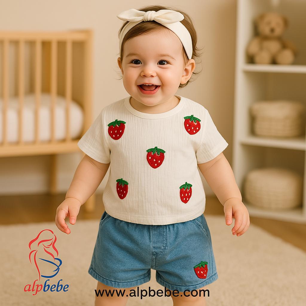 Saarland  çilek   omuzdan Çıtçıt  Örme Kot Yazlık  Takım - Mavi