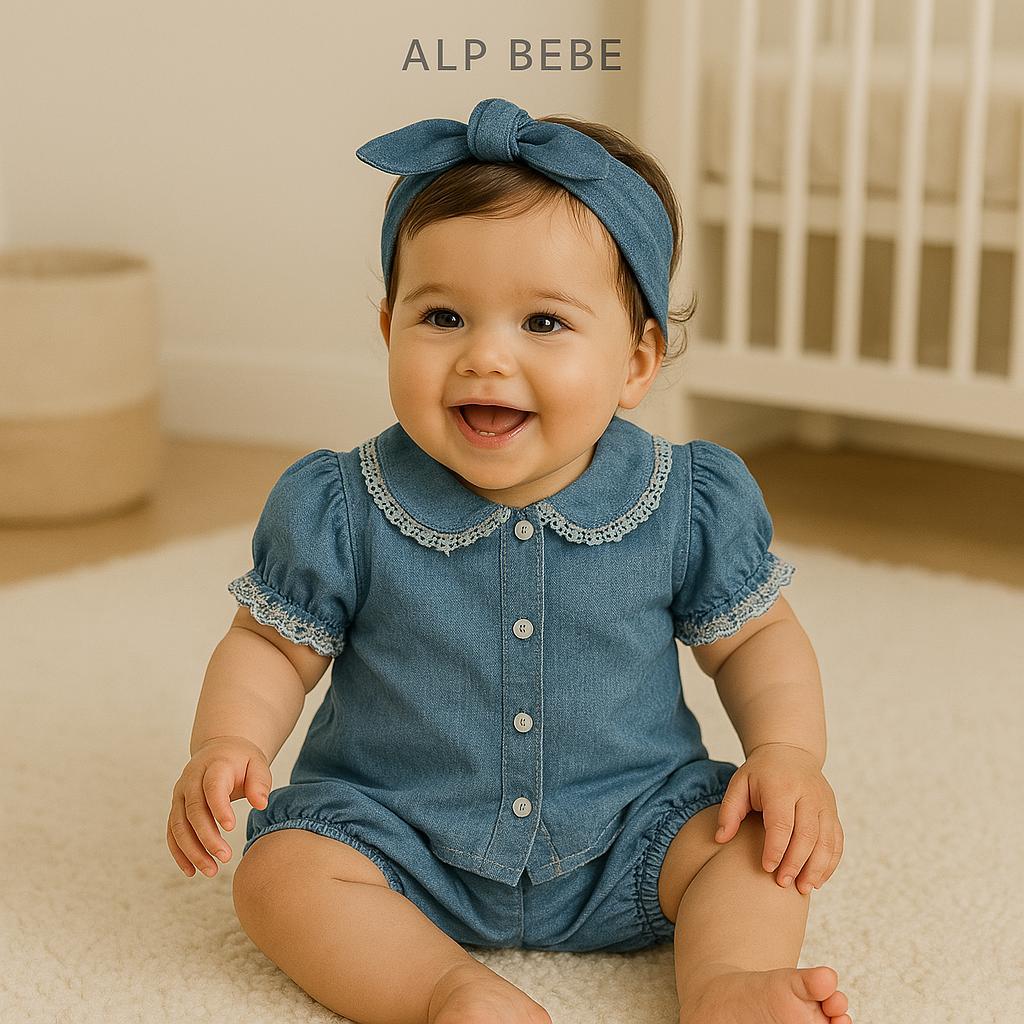 Saksonya  Dantel Nakışlı Önden  Çıtçıt  Örme Kot Yazlık  Takım - Gri