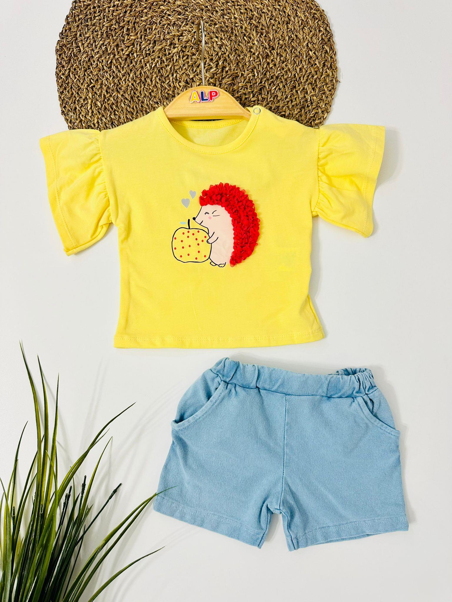 Sevimli Kirpi Detaylı Örme Kot Şortlu 2li Takım - Sarı 