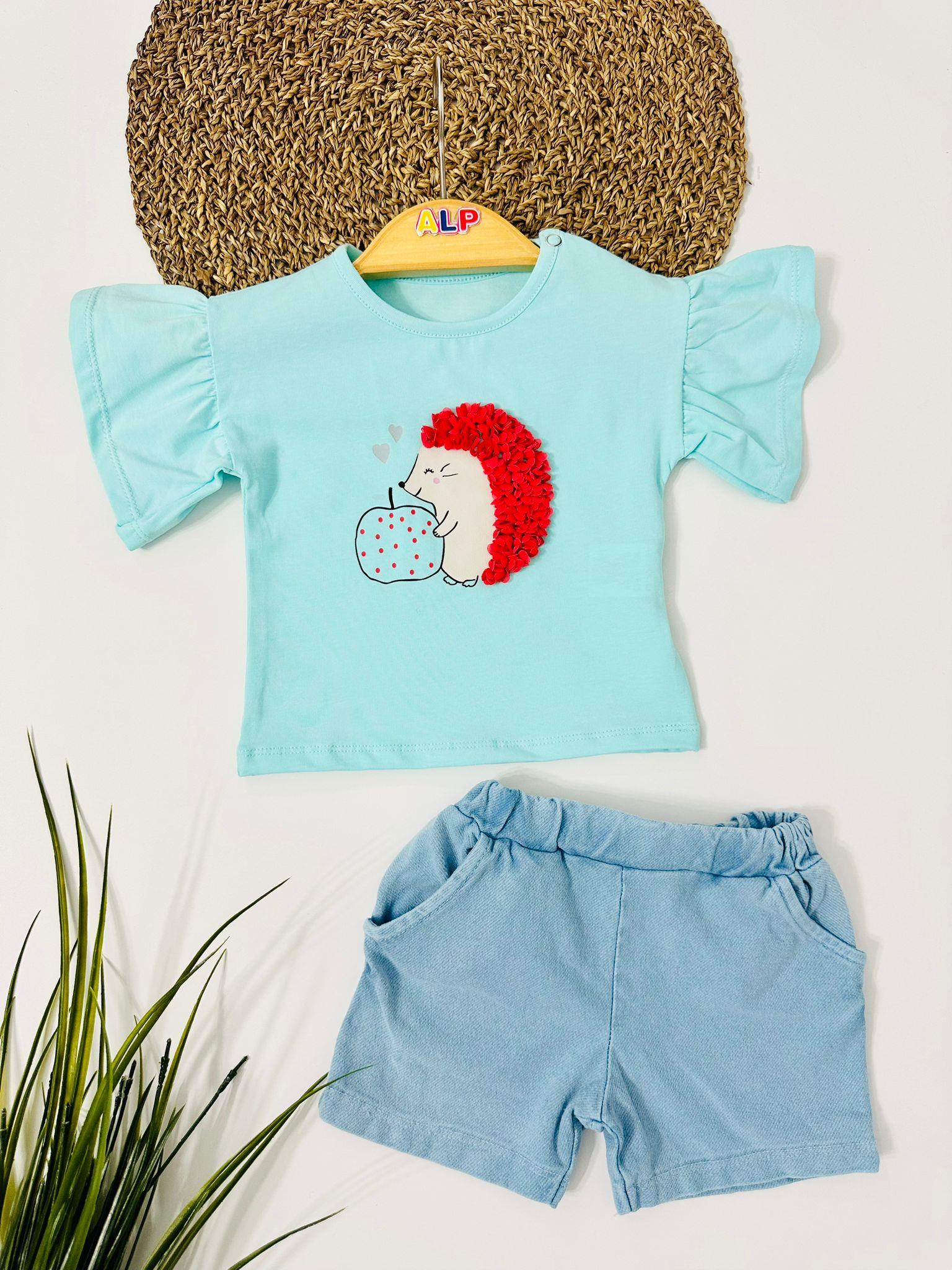 Sevimli Kirpi Detaylı Örme Kot Şortlu 2li Takım - Turkuaz 