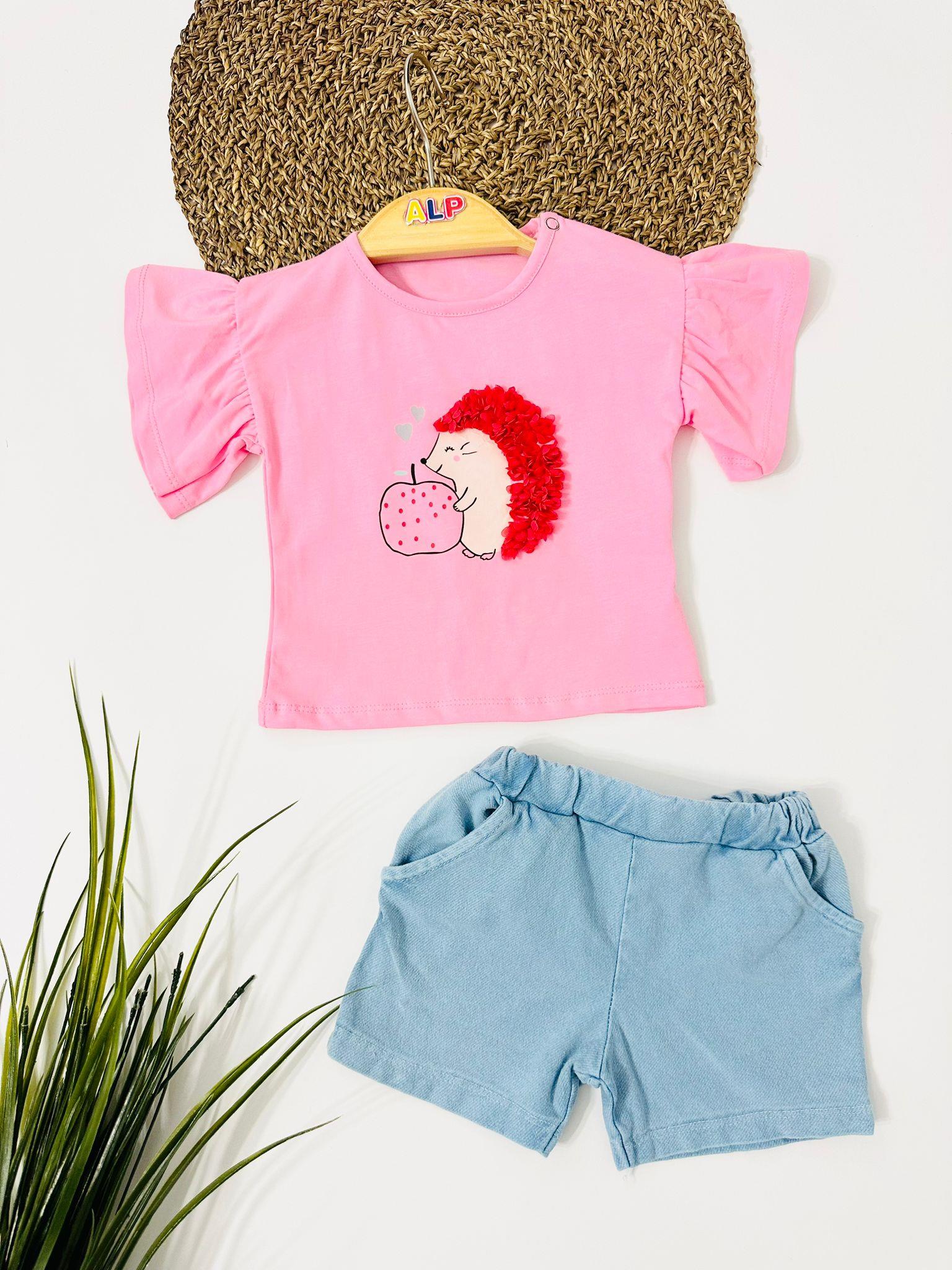 Sevimli Kirpi Detaylı Örme Kot Şortlu 2li Takım - Pembe 