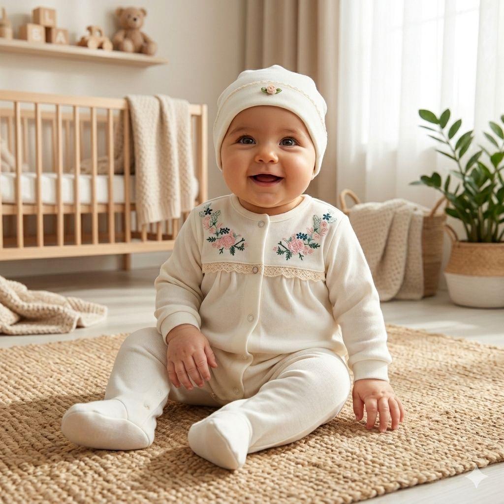 Sıra Çiçek  Nakışlı Tulum set - Krem