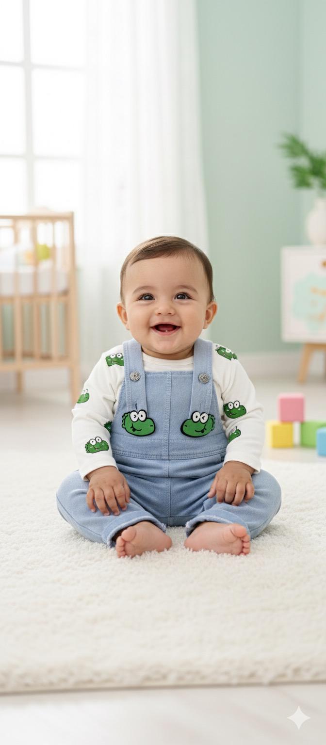 Şirin Timsah suratlar baskılı omuzdan çıtçıt badili mevsimlik kot kumaş 2 parça salopet set